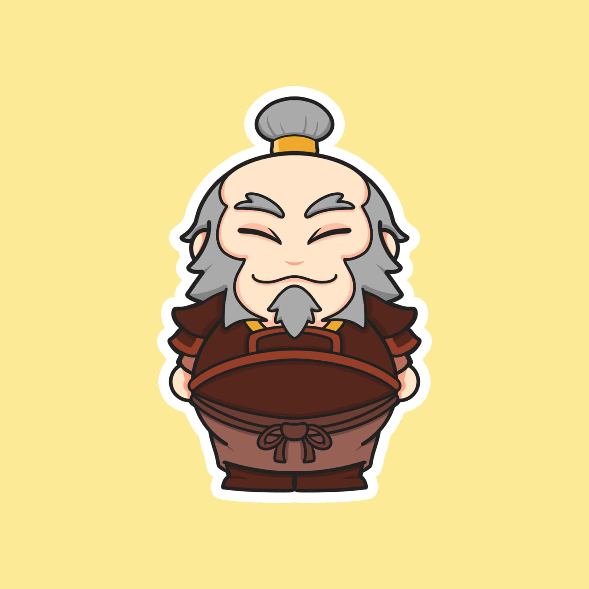 Uncle Iroh 桌布 壁紙 — 一個Q版風格的老人，灰髮灰鬚，身穿棕色長袍，背景為淡黃色。