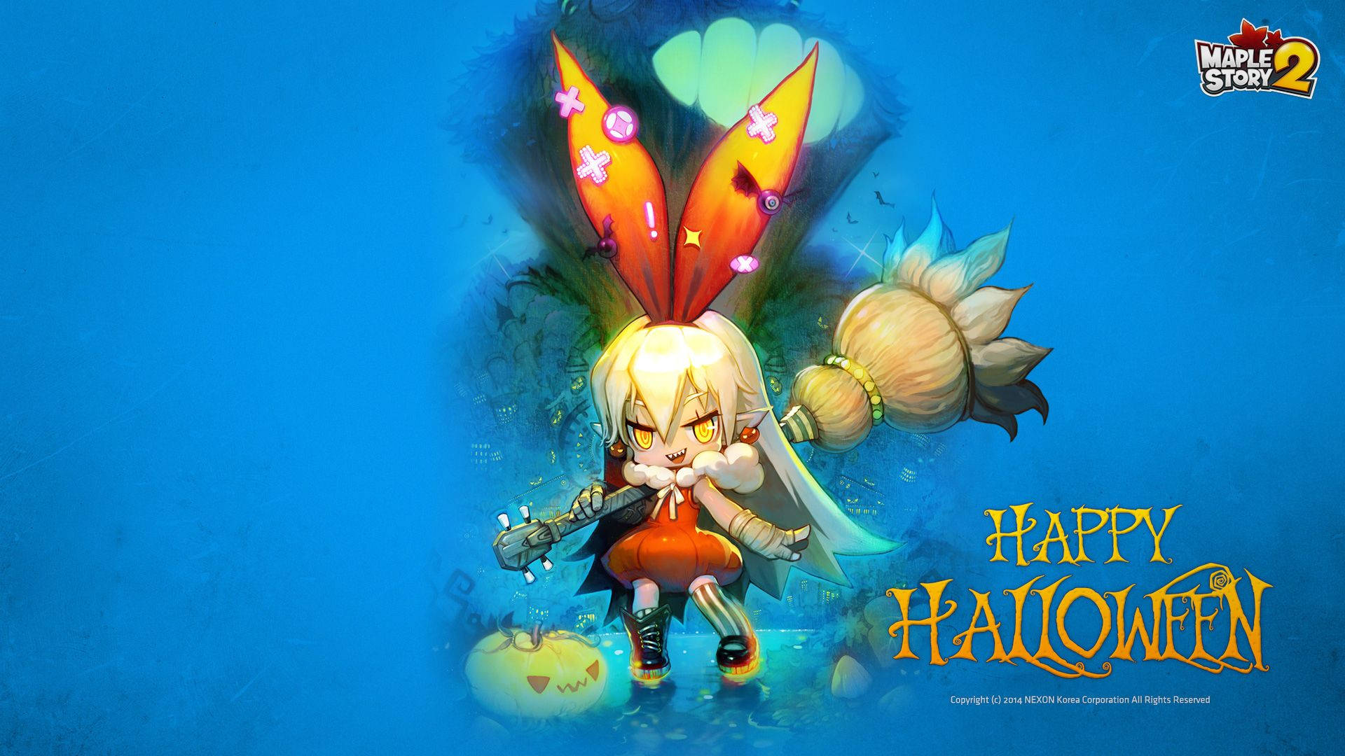 Maplestory 2 桌布 壁紙 — 一個Q版風格的萬聖節兔子角色，帶有發光的橙色耳朵和一把掃帚，站在一個傑克南瓜燈旁邊，背景是深藍色。