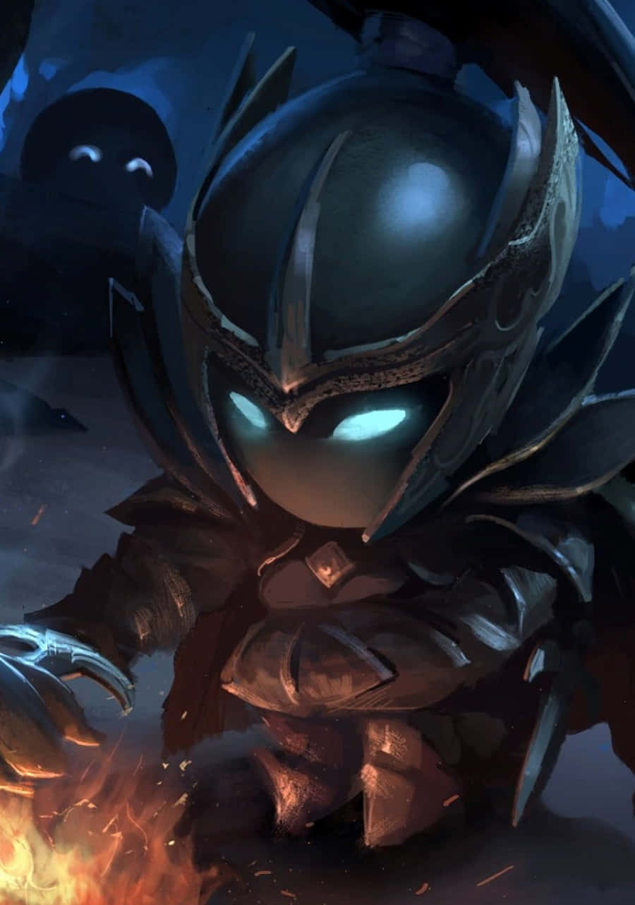 Phantom Assassin 桌布 壁紙 — 一個Q版風格的裝甲戰士，發光的藍色眼睛，站在黑暗奇幻場景的火焰之上。