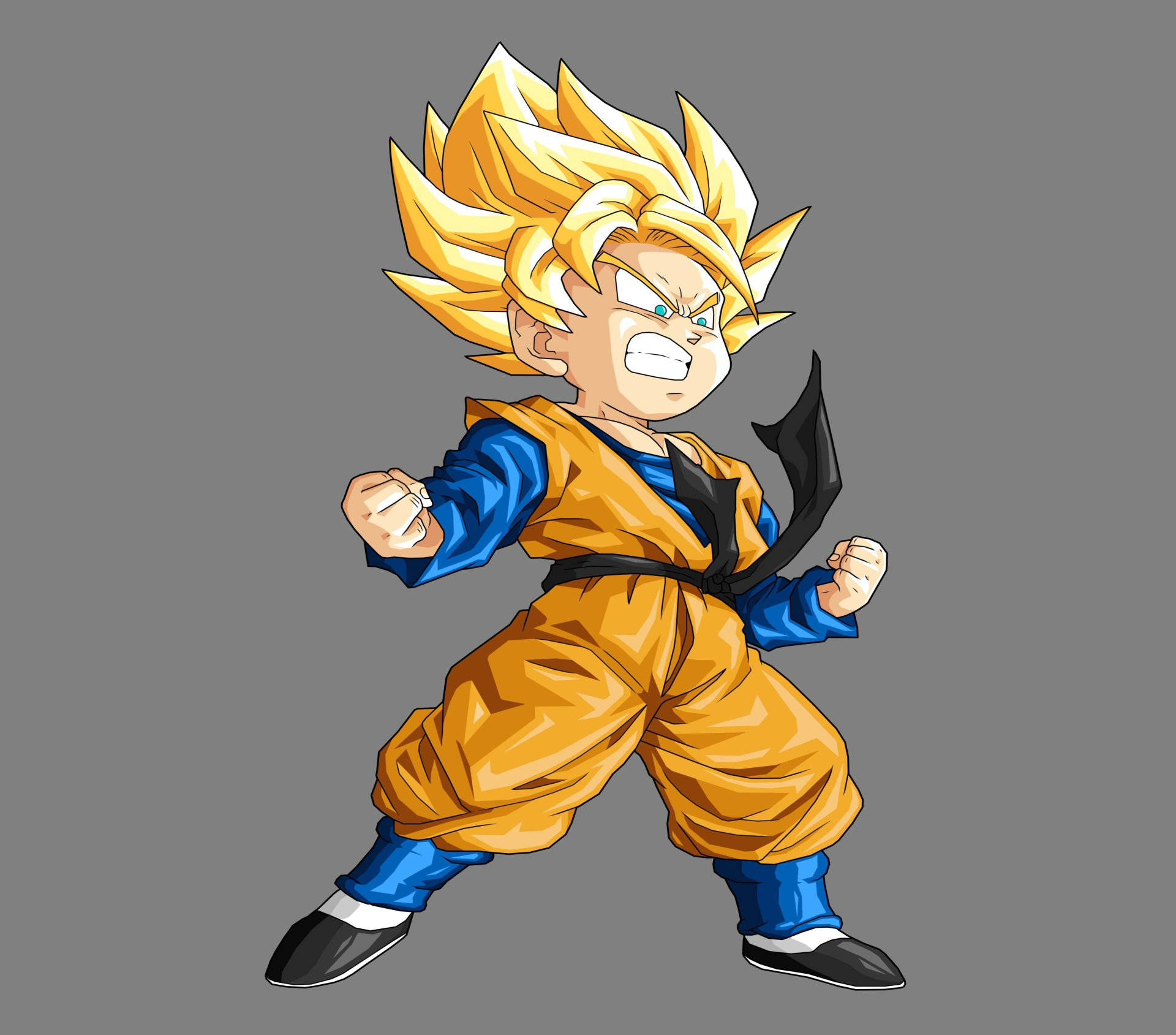Goten 桌布 壁紙 — 一個Q版風格的超級賽亞人悟空，擺出戰鬥姿勢，擁有尖刺金色頭髮和橙色道服，背景為灰色。