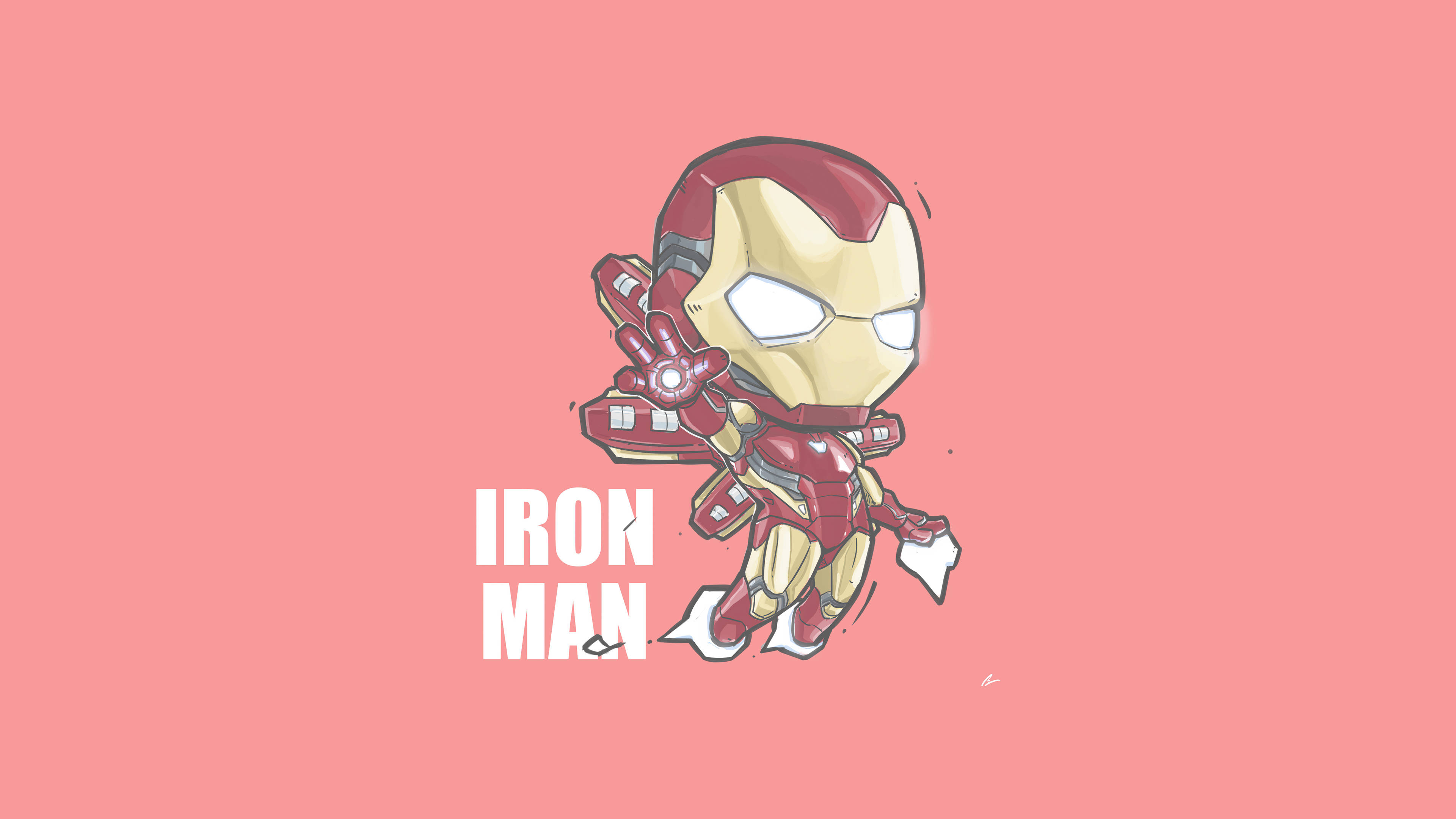 Iron Man Logo 桌布 壁紙 — 一個Q版風格的鋼鐵人，身穿紅色和金色裝甲，在純粉紅色背景上以粗體白色文字英雄式地擺姿勢。