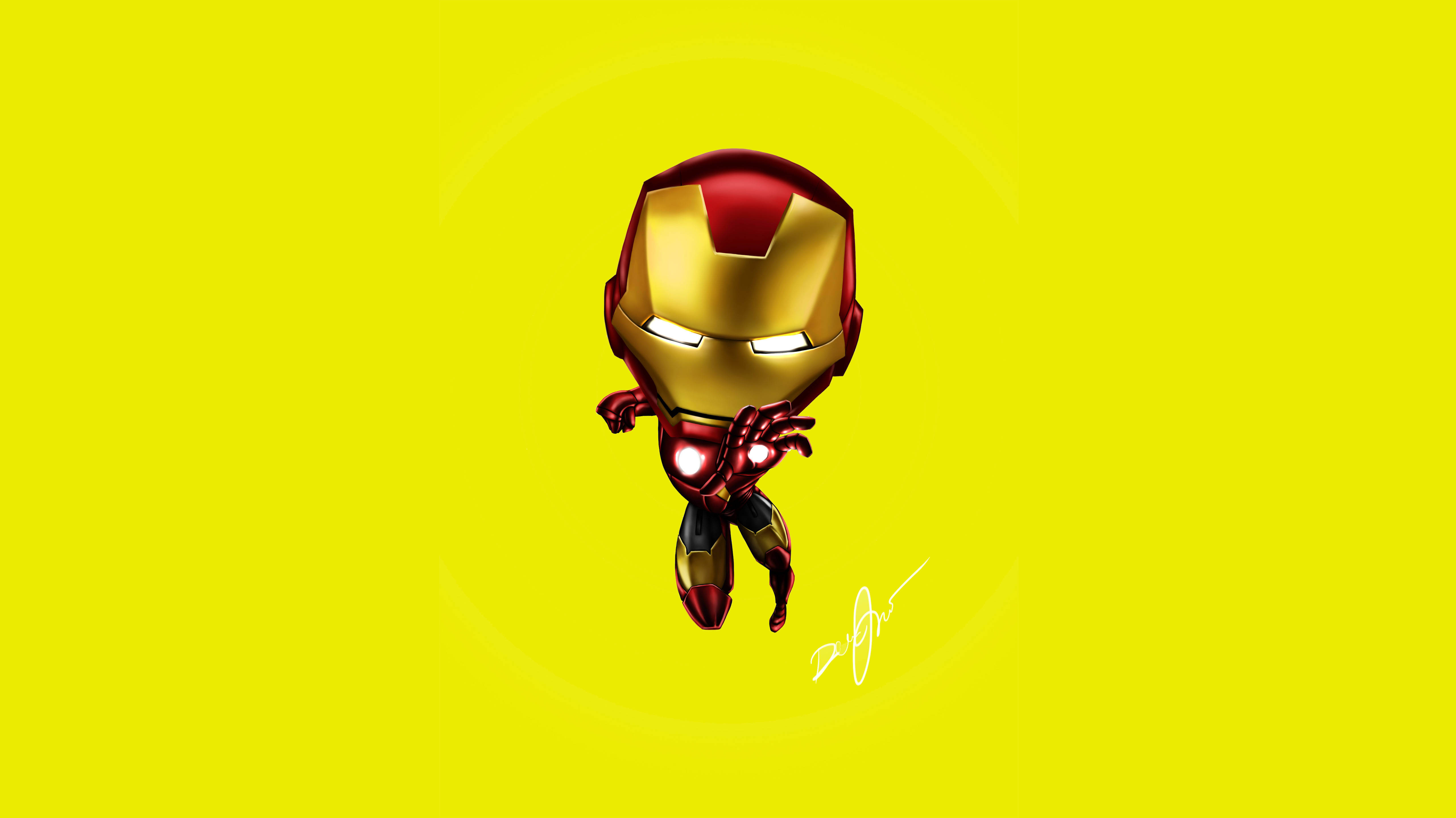 Iron Man Logo 桌布 壁紙 — 一個Q版風格的鋼鐵人，身穿紅金裝甲，在明亮的黃色背景上漂浮，眼睛和胸口弧形反應爐發光。