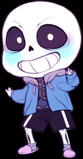 Undertale 桌布 壁紙 — 一個Q版骷髏角色，有大眼睛和燦爛的笑容，穿著藍色連帽衫和短褲，背景為黑色。
