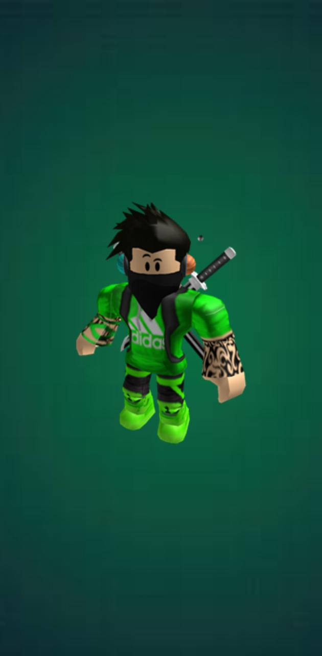 Roblox 桌布 壁紙 — 一個Roblox忍者角色，身穿綠色Adidas裝備，手持劍，漂浮在深藍綠色背景上。