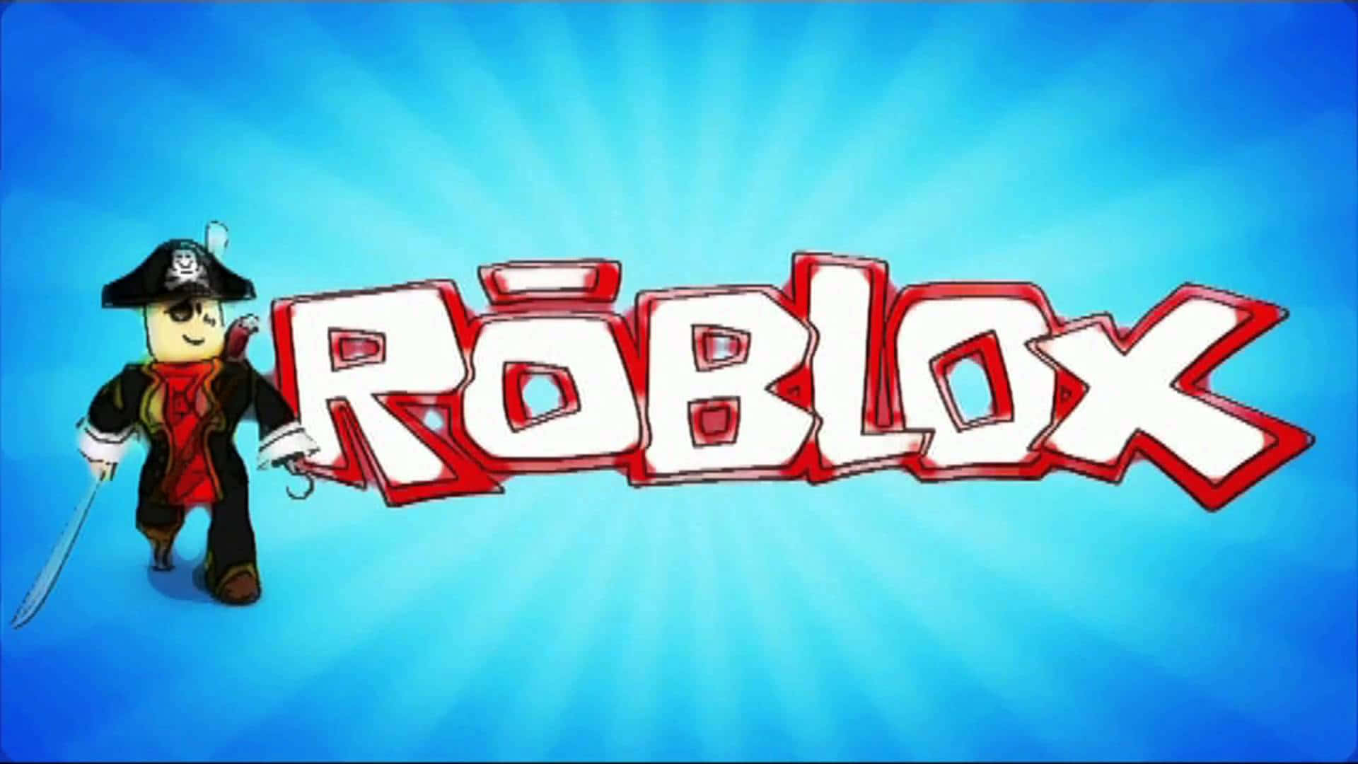 Roblox 桌布 壁紙 — 一個Roblox海盜角色站在鮮豔的藍色徑向漸變背景前，旁邊是醒目的紅白色Roblox標誌。