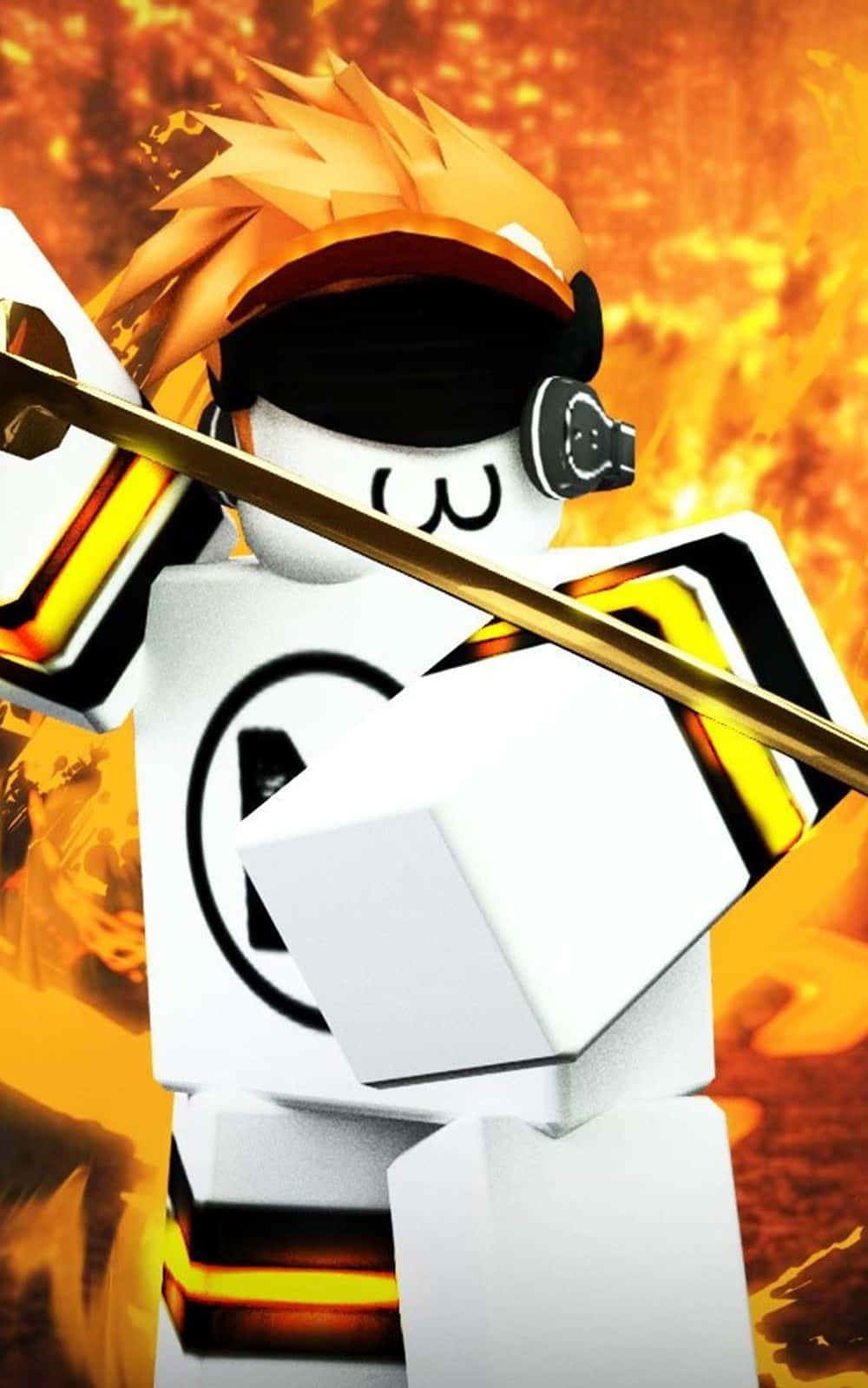 電玩遊戲 桌布 壁紙 — 一個Roblox角色，有著尖刺橙色頭髮和黑色護目鏡，在熾熱的橙色背景中揮舞著一把金色劍。