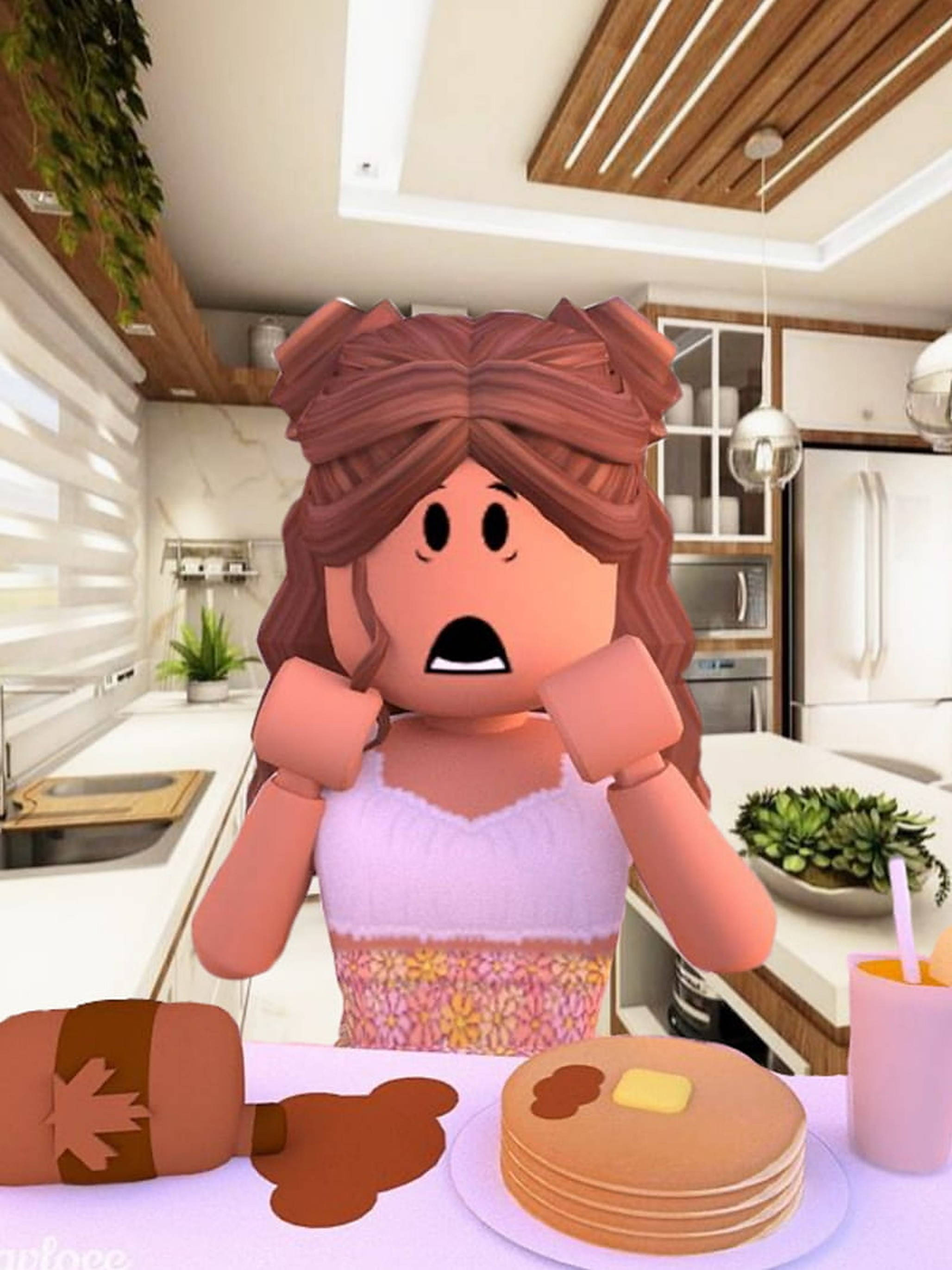 Roblox 女孩 桌布 壁紙 — 一個Roblox角色，棕色頭髮，穿著粉紅色上衣，對現代廚房桌上的一疊鬆餅和灑落的糖漿感到震驚。