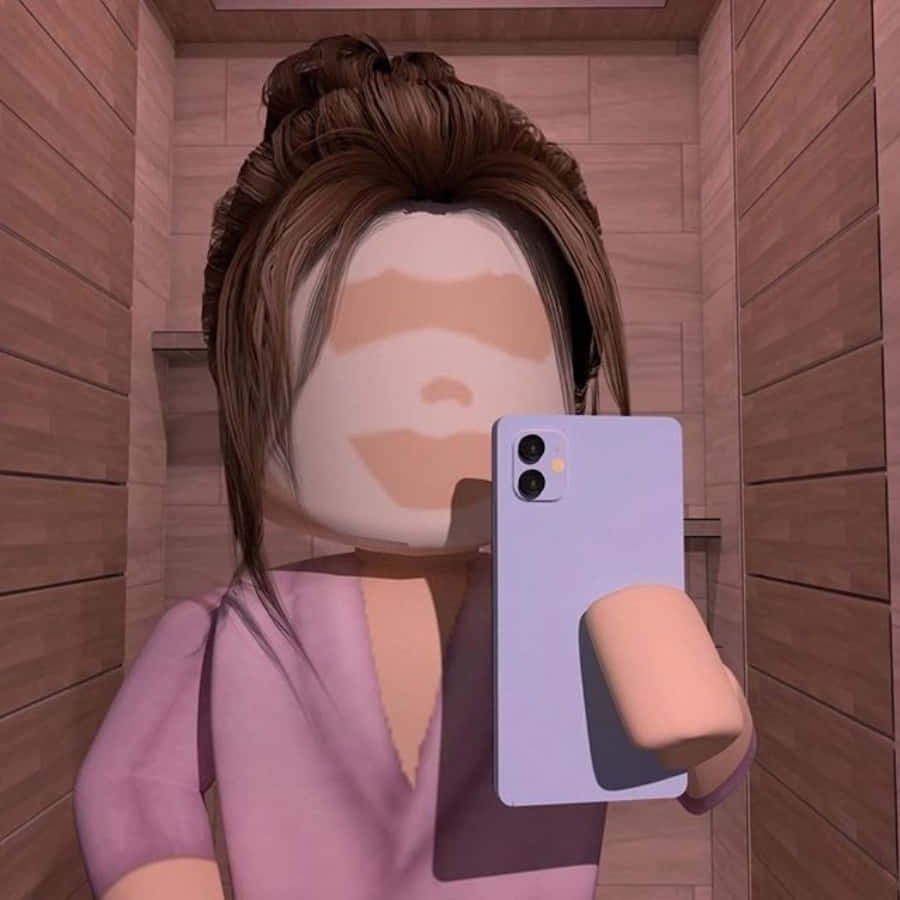 美學 Roblox 女孩 桌布 壁紙 — 一個Roblox角色，棕色頭髮盤成髮髻，在木質桑拿房中拿著薰衣草色手機自拍。
