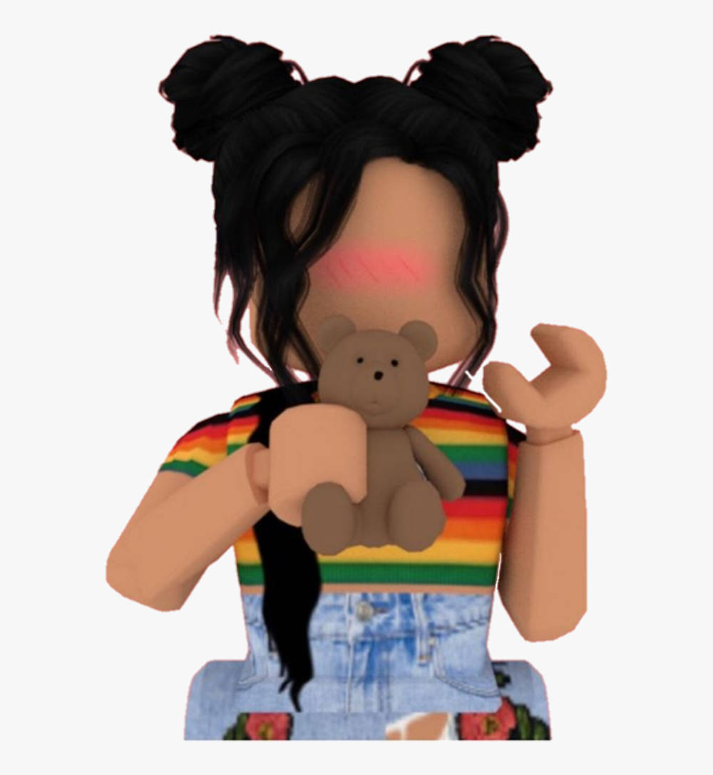 Roblox 桌布 壁紙 — 一個Roblox角色，黑色雙丸子頭，穿著彩虹襯衫，在純色背景前抱著一隻棕色泰迪熊。