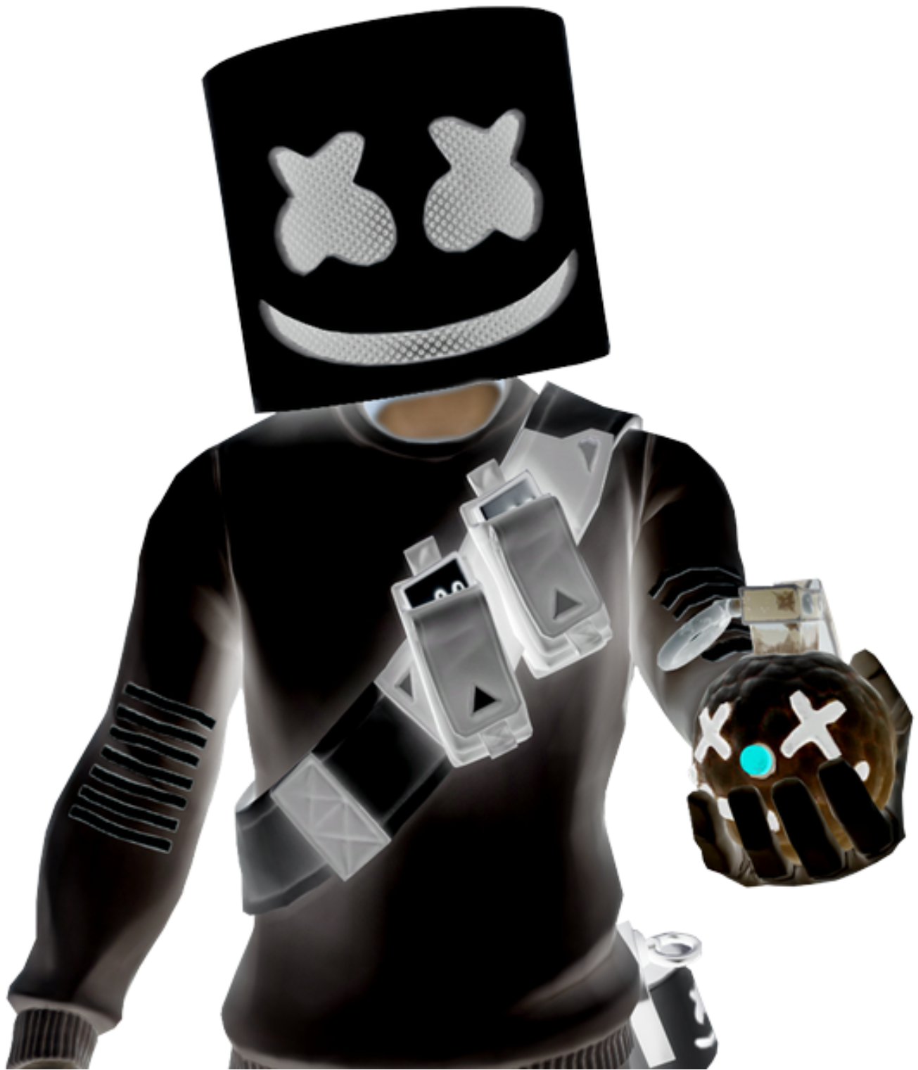 Marshmello 動態圖 桌布 壁紙 — 一個Roblox角色戴著黑色棉花糖頭盔，有發光的白色X眼睛和微笑，手持一個藍色引信的手榴彈。