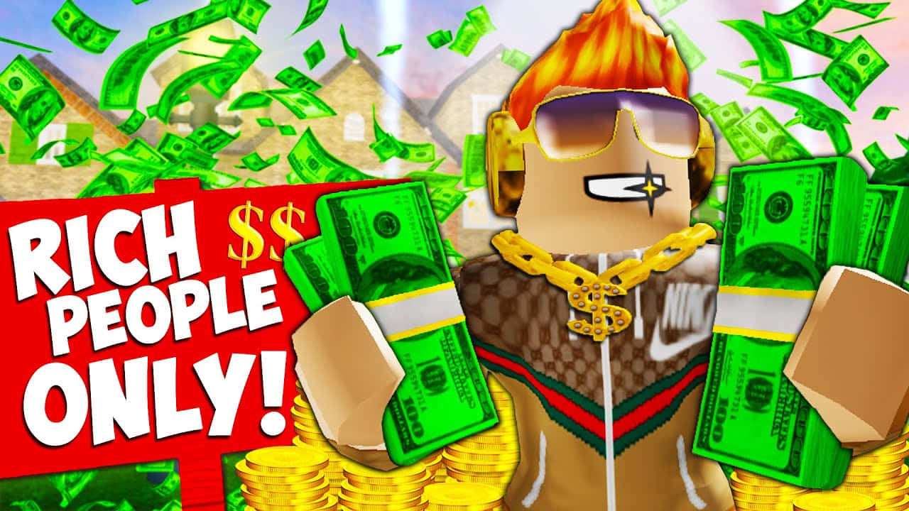 Roblox 桌布 壁紙 — 一個Roblox頭像，擁有火焰頭髮和金鏈，手持一疊疊鈔票，綠色紙幣在「Rich People Only!」標誌周圍如雨般落下。