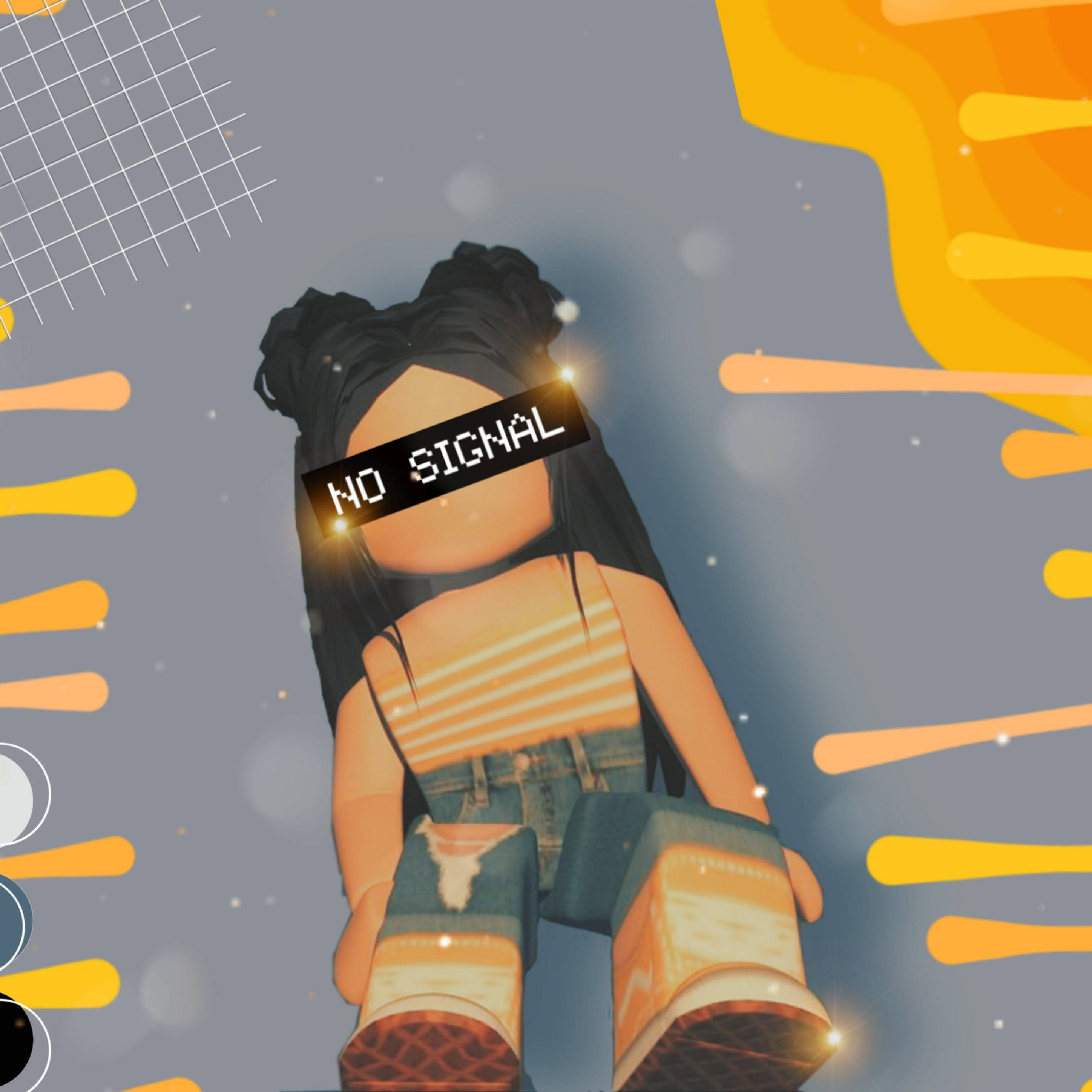 Aesthetic Roblox 桌布 壁紙 — 一個Roblox頭像，眼睛上寫著「NO SIGNAL」，坐在橙色條紋和網格圖案的風格化背景前。