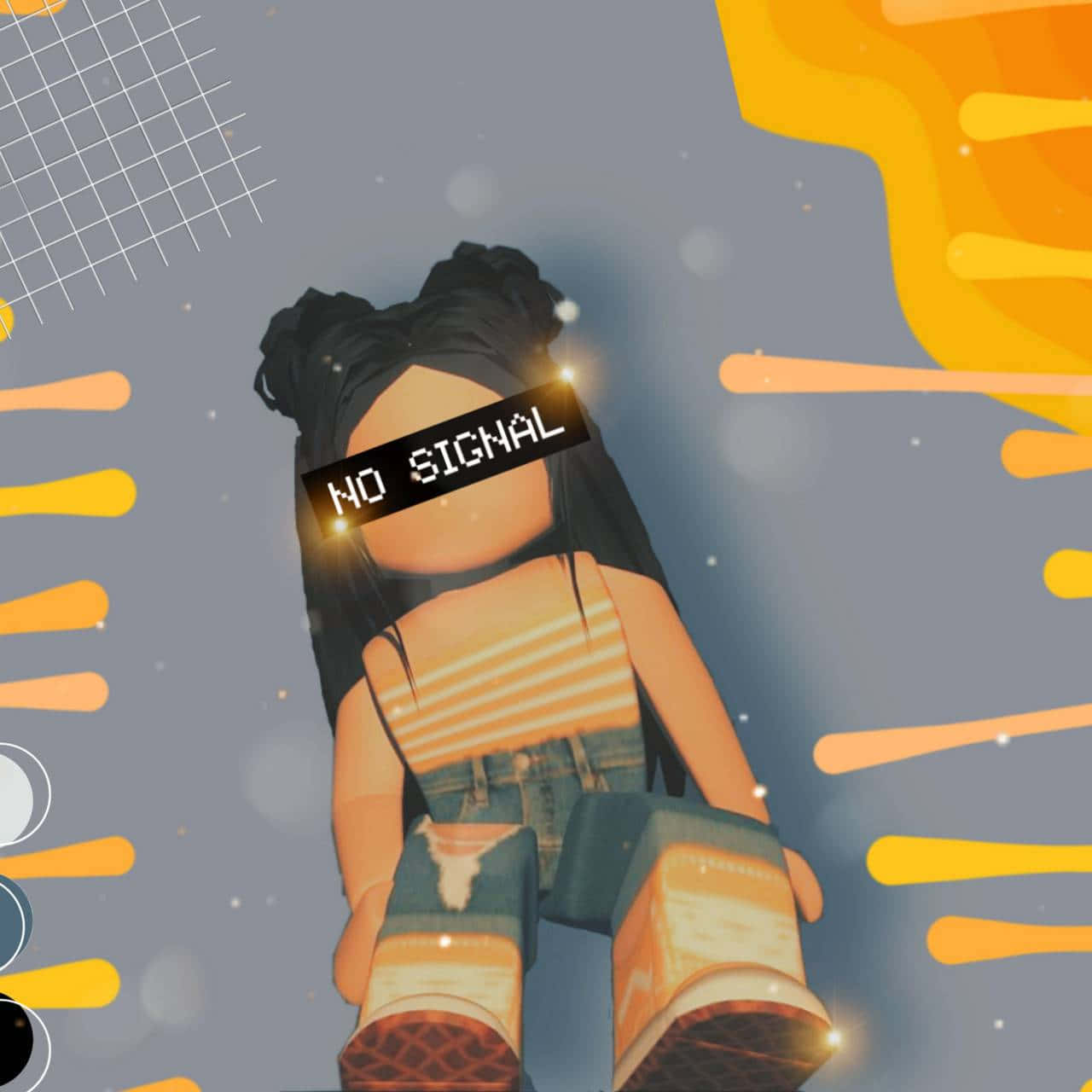 Denim 桌布 壁紙 — 一個Roblox頭像，眼睛上掛著『NO SIGNAL』橫幅，坐在橙色條紋和網格圖案的風格化背景前。