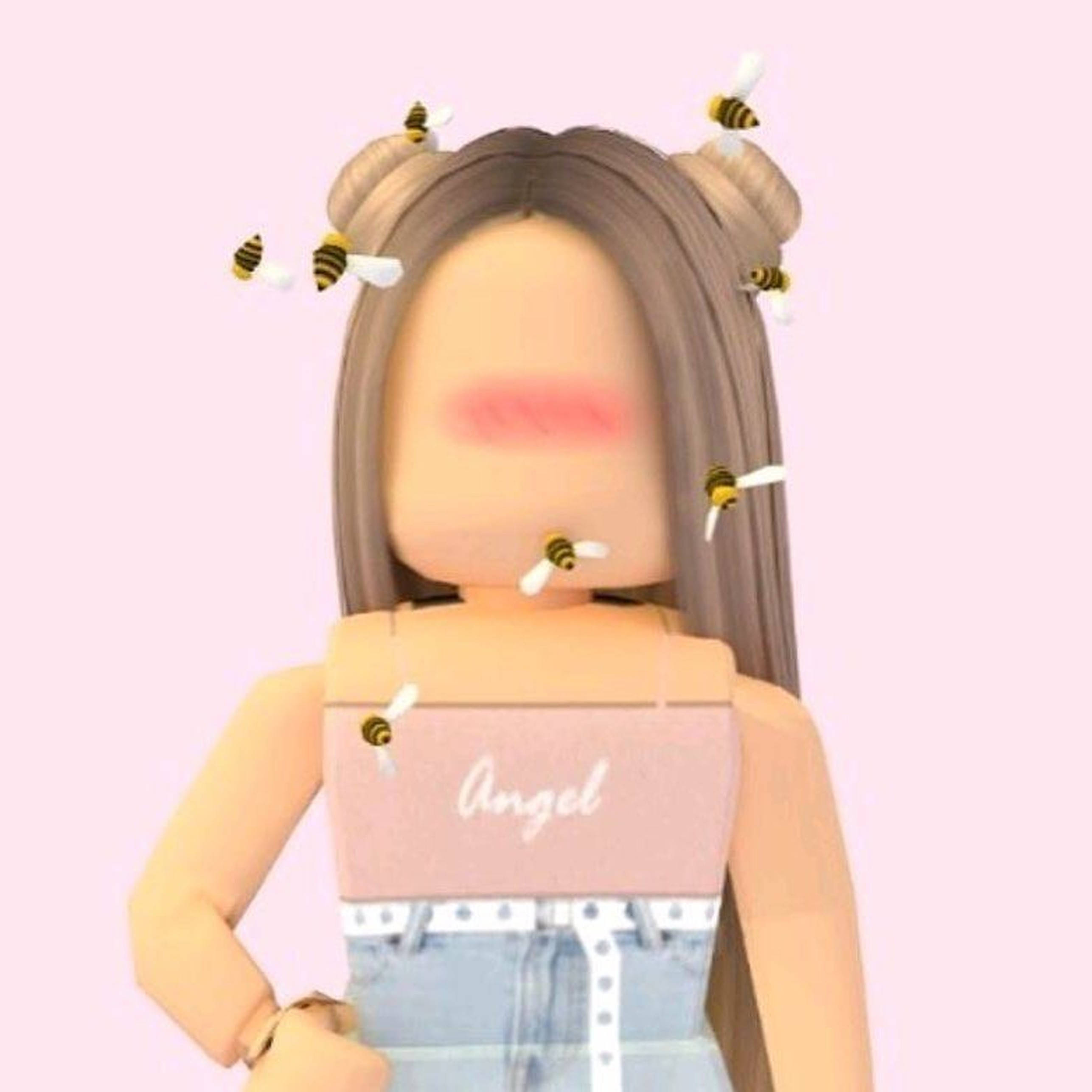 Roblox Girl 桌布 壁紙 — 一個Roblox頭像，長長的棕色頭髮紮成髮髻，被飛舞的蜜蜂包圍，背景是柔和的粉紅色。