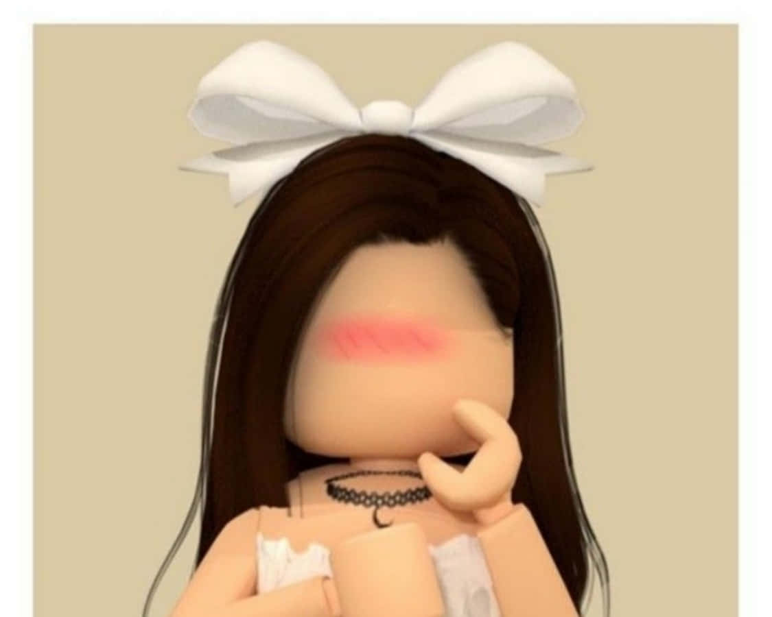 美學 Roblox 女孩 桌布 壁紙 — 一個Roblox頭像，長長的棕色頭髮，頭上有一個大白色蝴蝶結，手拿著一個杯子，下巴靠在手上。