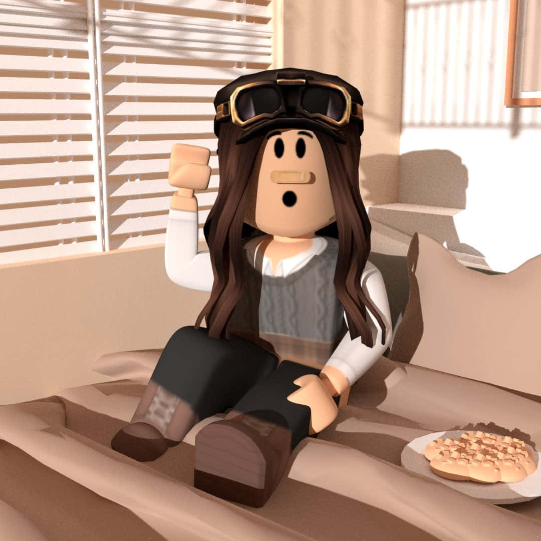 Roblox Avatar 桌布 壁紙 — 一個Roblox頭像戴著飛行員護目鏡坐在床上，在窗簾旁邊的餅乾盤旁開心地揮手。