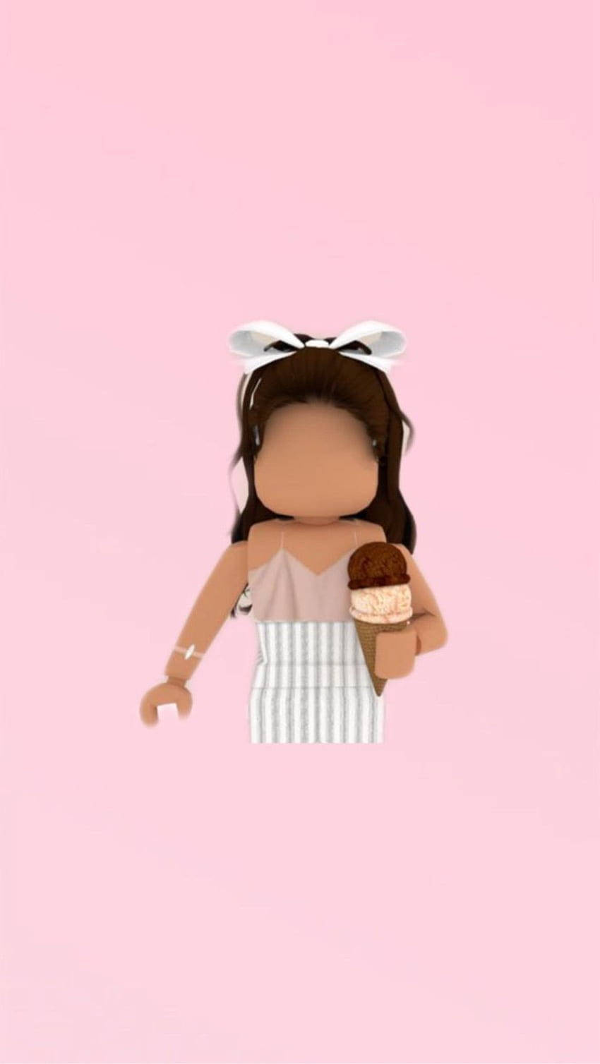 Roblox 桌布 壁紙 — 一個Roblox風格、棕色頭髮、戴白色蝴蝶結的女孩，在柔和的粉紅色背景前拿著巧克力冰淇淋甜筒。