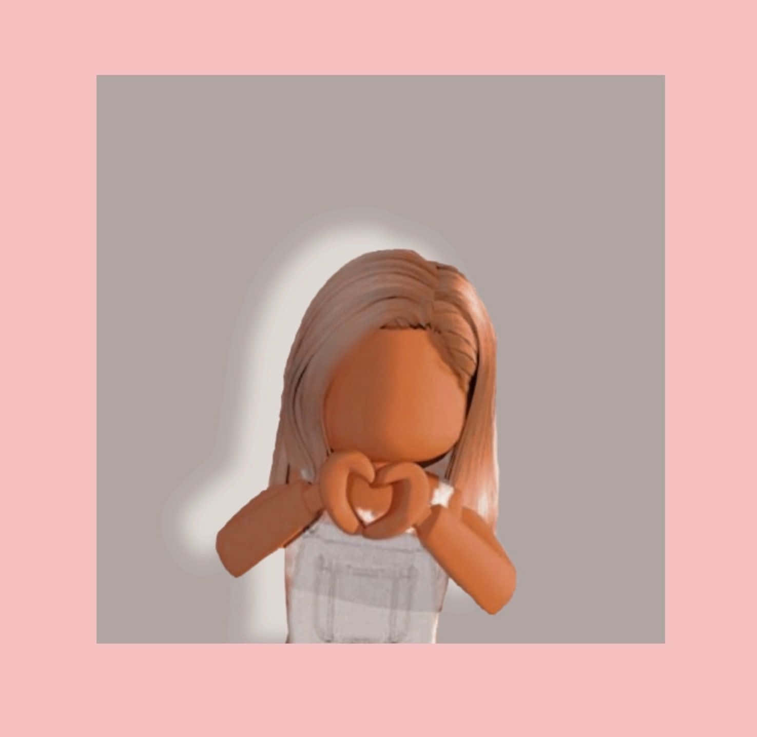 Roblox Avatar 桌布 壁紙 — 一個Roblox風格、長棕色頭髮的虛擬角色在柔和的粉紅色背景前用手做出心形。