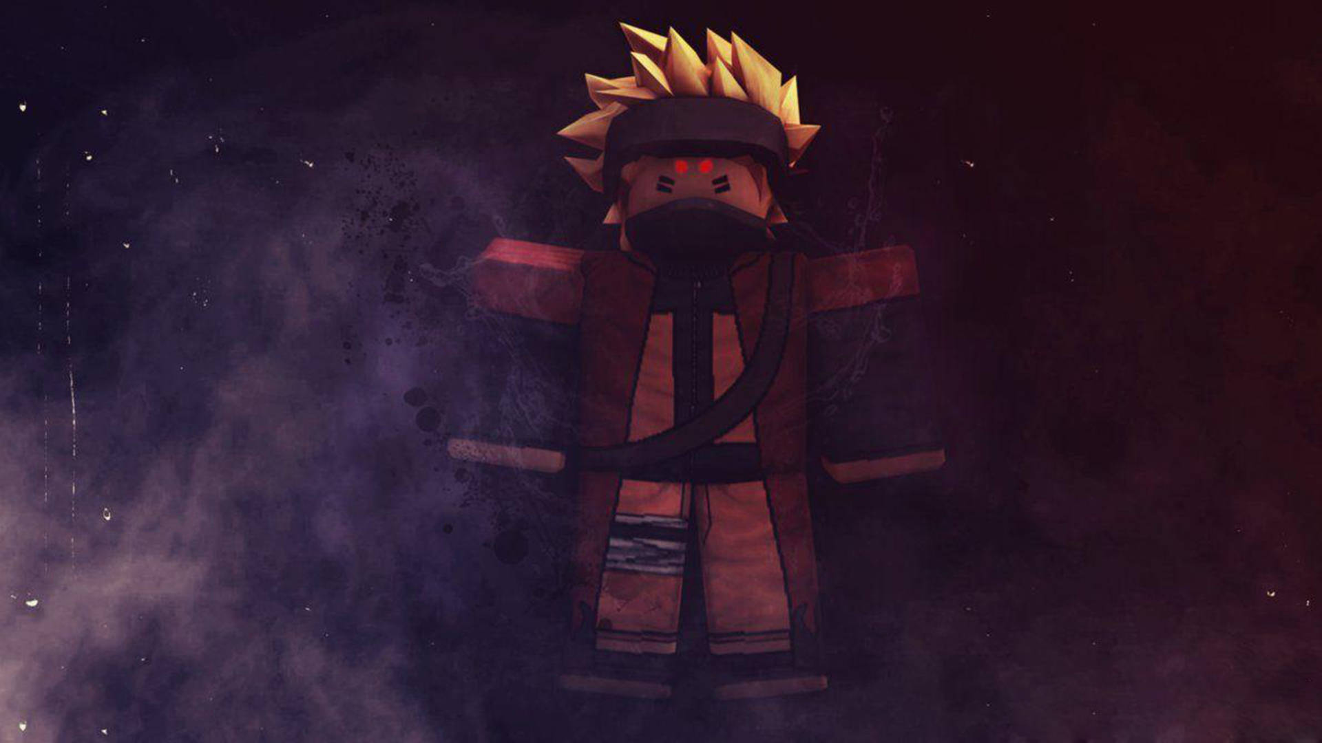 Roblox 桌布 壁紙 — 一個Roblox風格的Naruto角色，擁有尖刺金髮和紅色眼睛，站在帶有紫色和紅色色調的黑暗煙霧氛圍中。