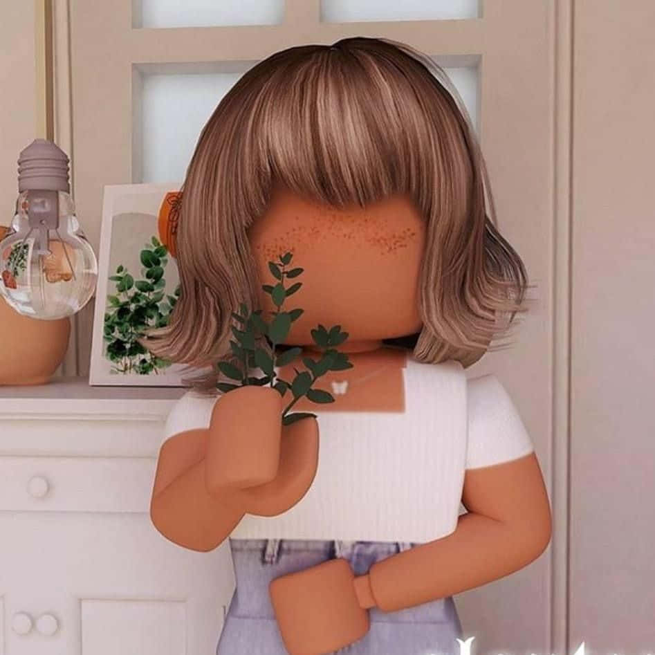 頭像 桌布 壁紙 — 一個Roblox風格的女孩，棕色鮑伯頭，在一個舒適的房間裡，有白色梳妝台和裱框植物藝術，手持綠色葉子靠近臉龐。