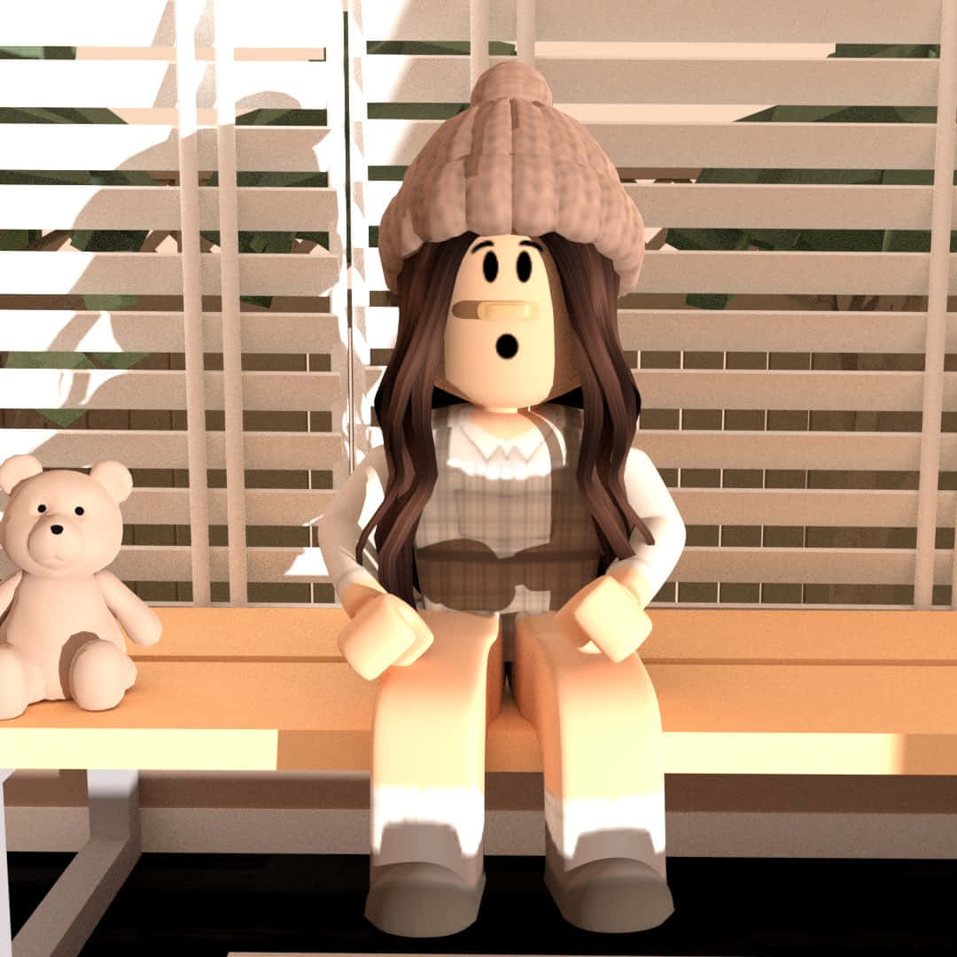 Roblox Aesthetic 桌布 壁紙 — 一個Roblox風格的女孩，長長的棕色頭髮，戴著針織帽，坐在窗台邊，旁邊有一隻泰迪熊，透過百葉窗的溫暖陽光灑在她身上。