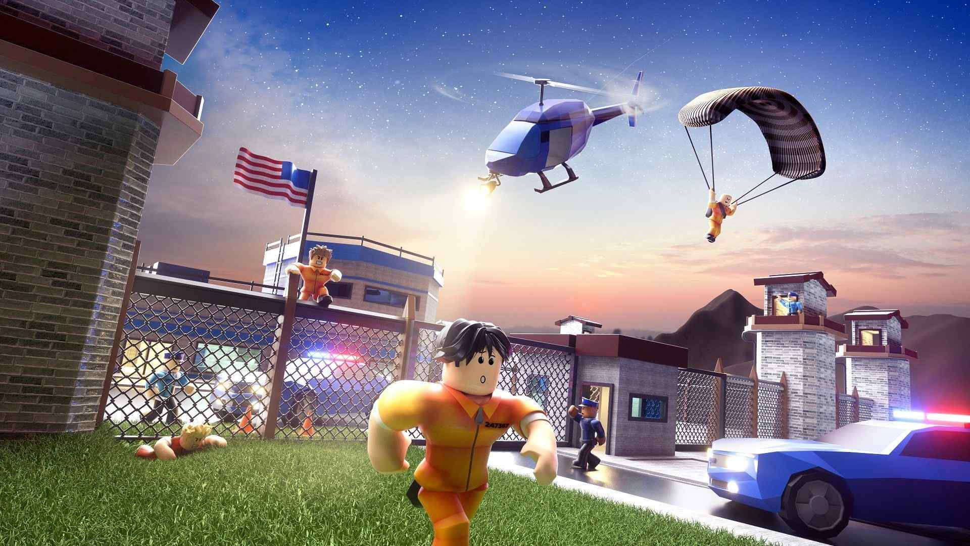 酷炫 Roblox 桌布 壁紙 — 一個Roblox風格的角色跑過郊區草坪，而警車和直升機正在應對一個混亂的場景，其中包括一個跳傘的人物和飄揚的美國國旗。