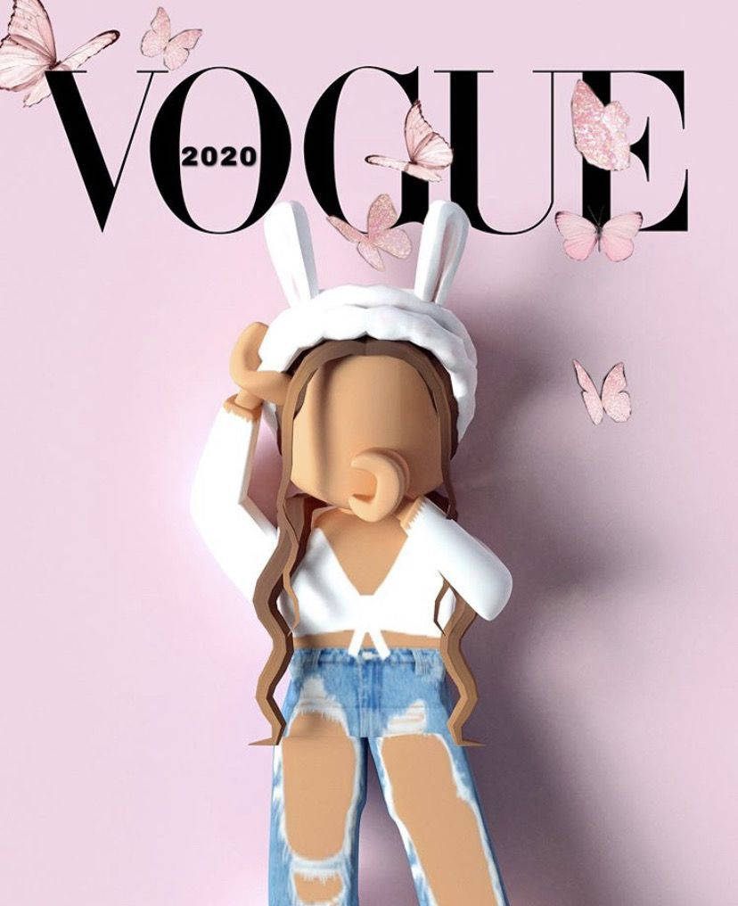 美學 Roblox 女孩 桌布 壁紙 — 一個Roblox風格的頭像，戴著兔耳朵和破洞牛仔褲，在粉紅色Vogue 2020封面前面擺姿勢，周圍有蝴蝶飛舞。