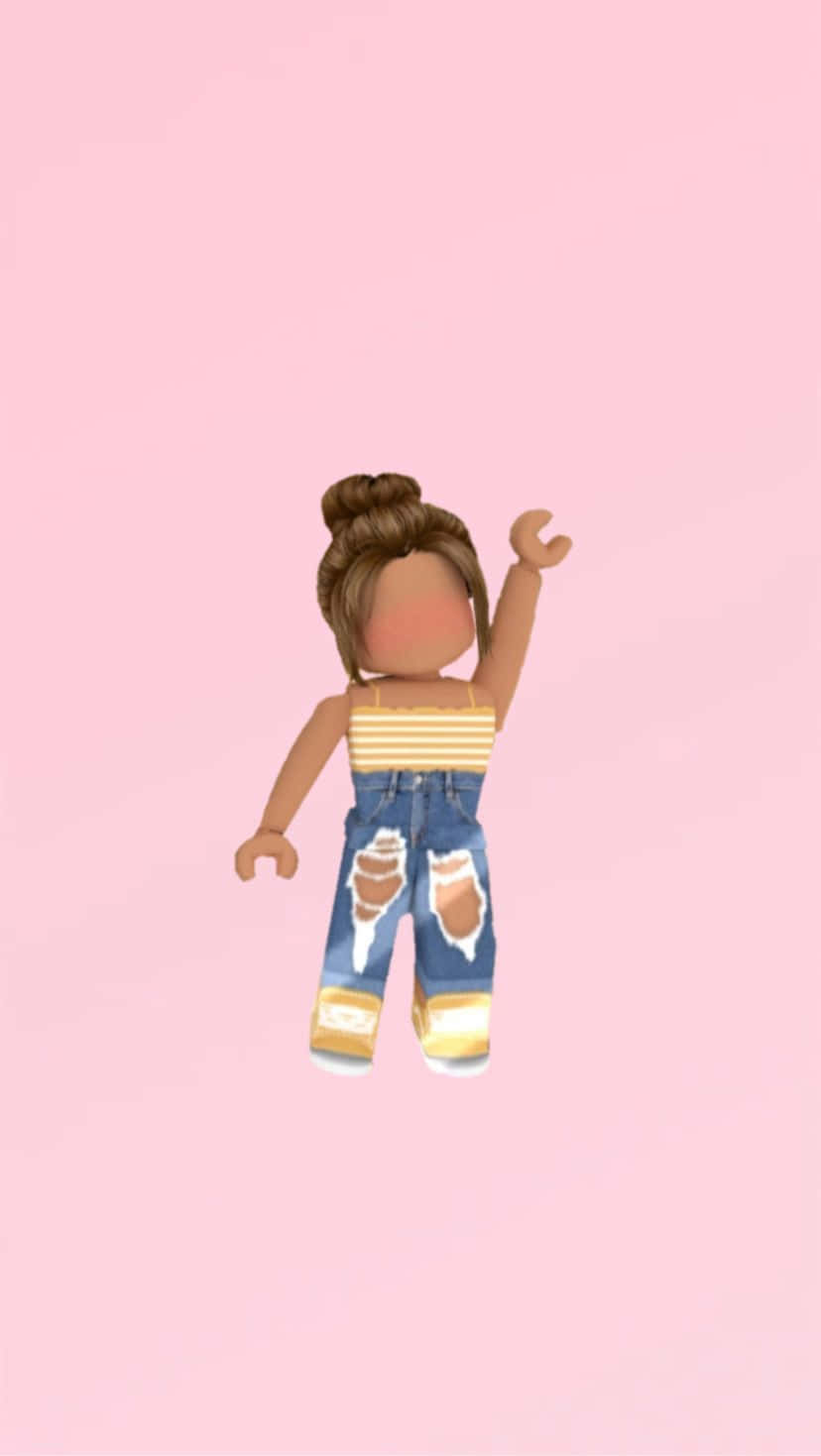 Roblox 桌布 壁紙 — 一個Roblox風格的頭像，棕色頭髮紮成髮髻，穿著破洞牛仔褲和條紋上衣，背景是純粉紅色。