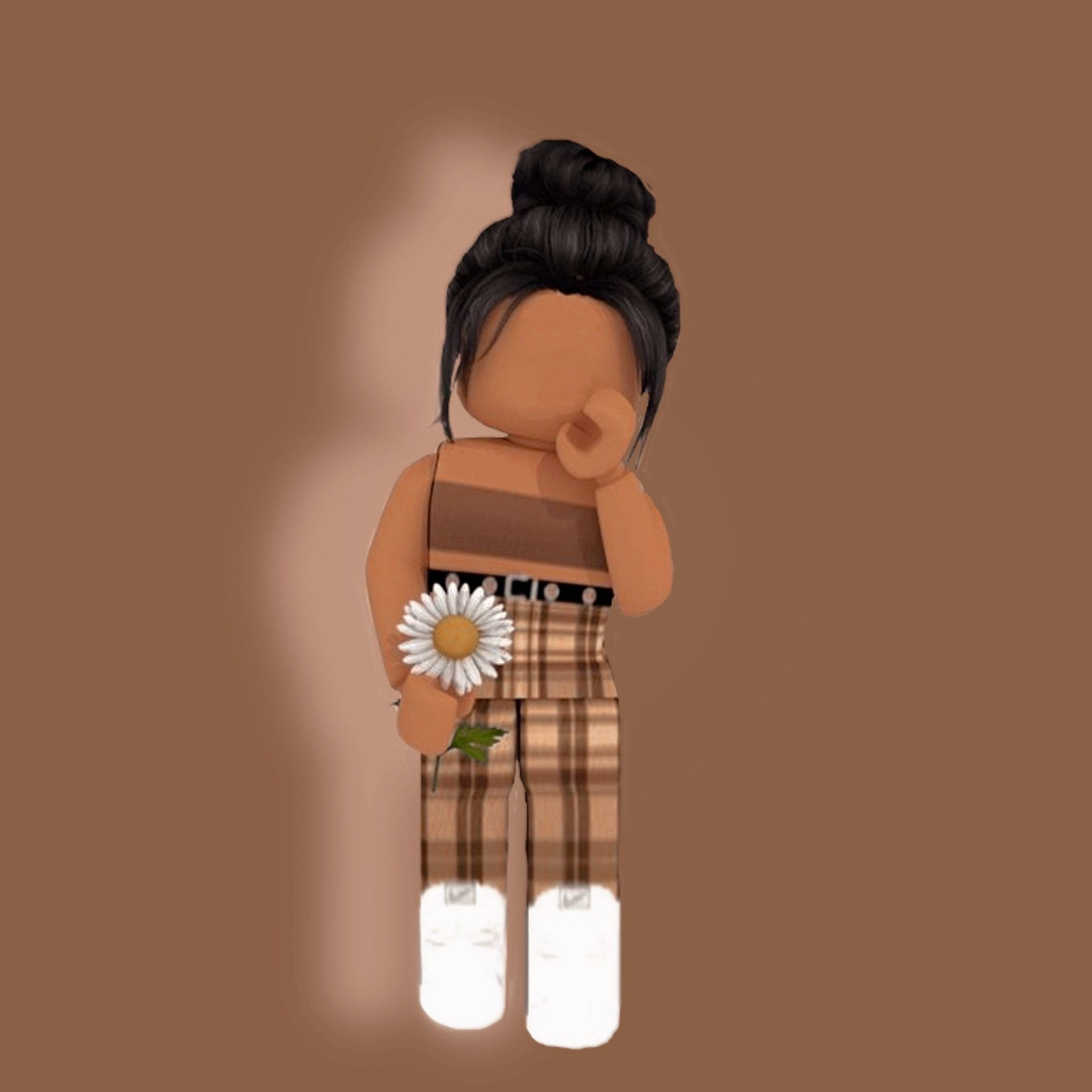 Roblox 桌布 壁紙 — 一個Roblox風格的頭像，深色頭髮紮成髮髻，站在純棕色背景前，手持一朵雛菊。