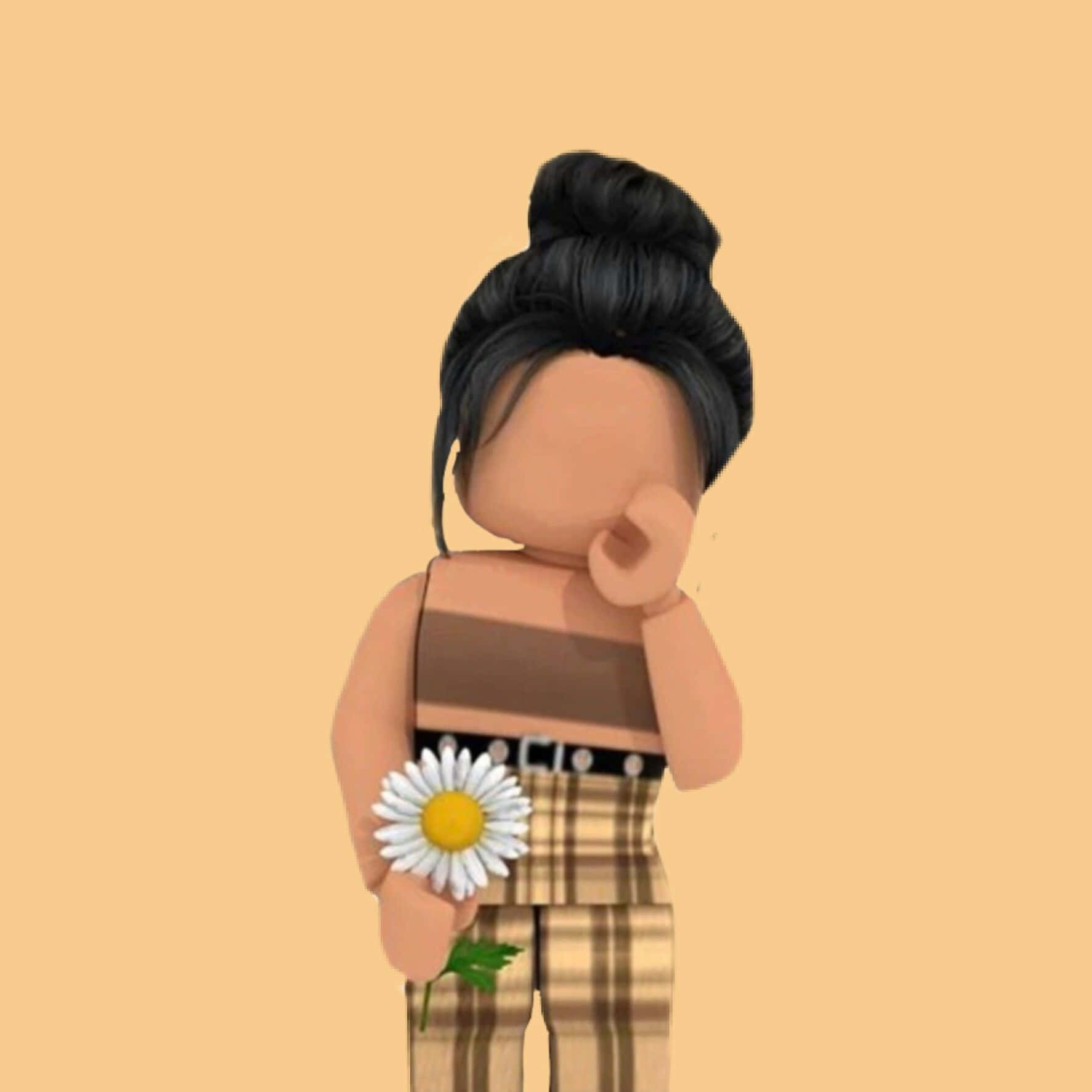 Roblox Aesthetic 桌布 壁紙 — 一個Roblox風格的頭像，黑色頭髮紮成髮髻，拿著一朵雛菊，看向別處，背景是純蜜桃色。