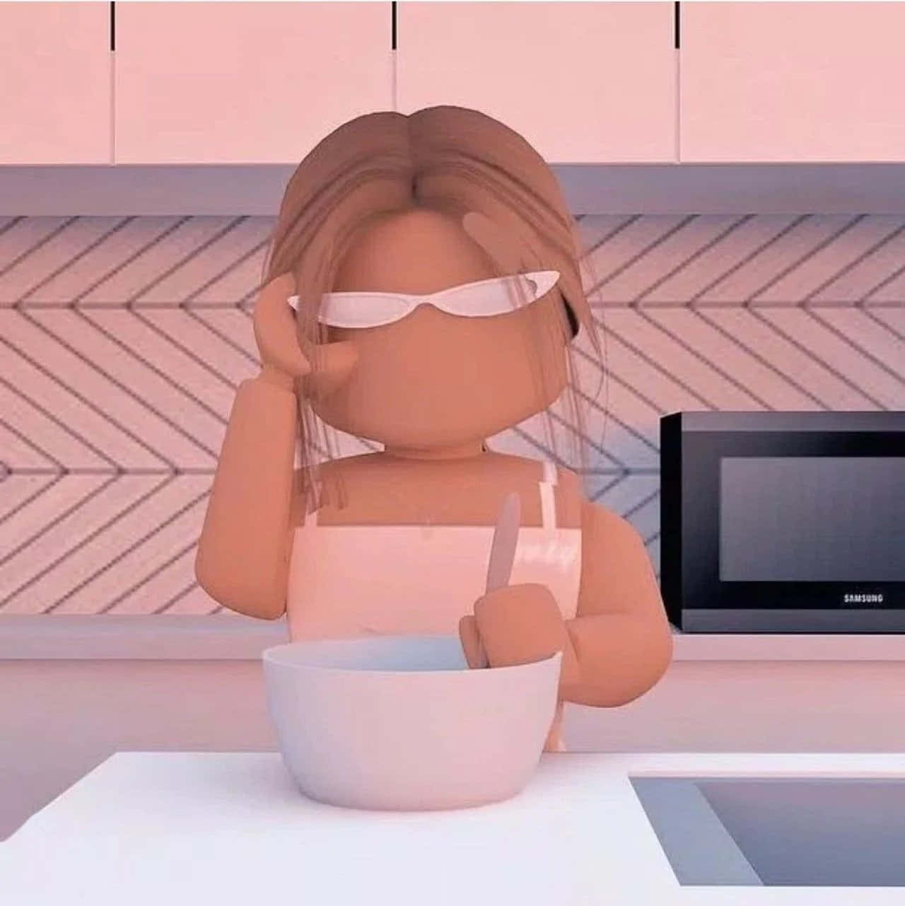 Aesthetic Roblox 桌布 壁紙 — 一個Roblox風格的頭像戴著白色太陽眼鏡，在一個有幾何圖案防濺板的粉紅色廚房裡攪拌一個碗。