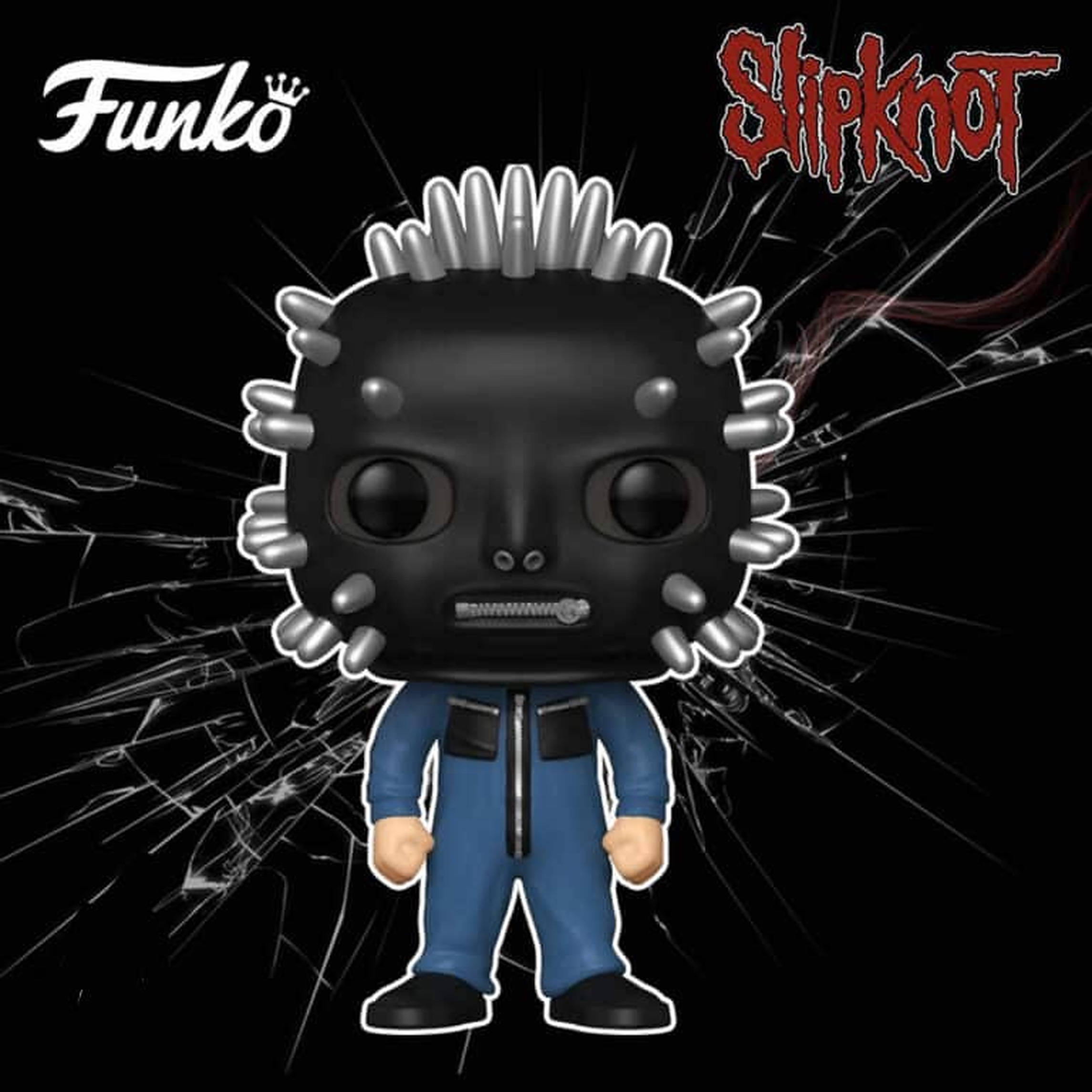 craig jones 桌布 壁紙 — 一個Slipknot蒙面成員的Funko Pop!人偶站在破碎玻璃背景前，背景有樂隊標誌。