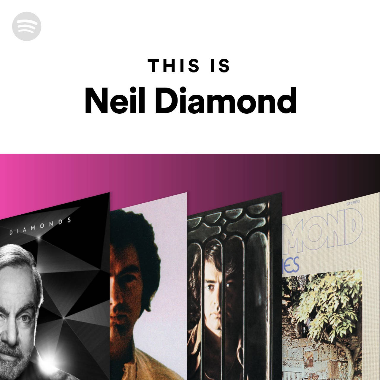 高清 桌布 壁紙 — 一個Spotify播放清單封面，以Neil Diamond為特色，並在洋紅色漸變背景上展示他的四張專輯封面。