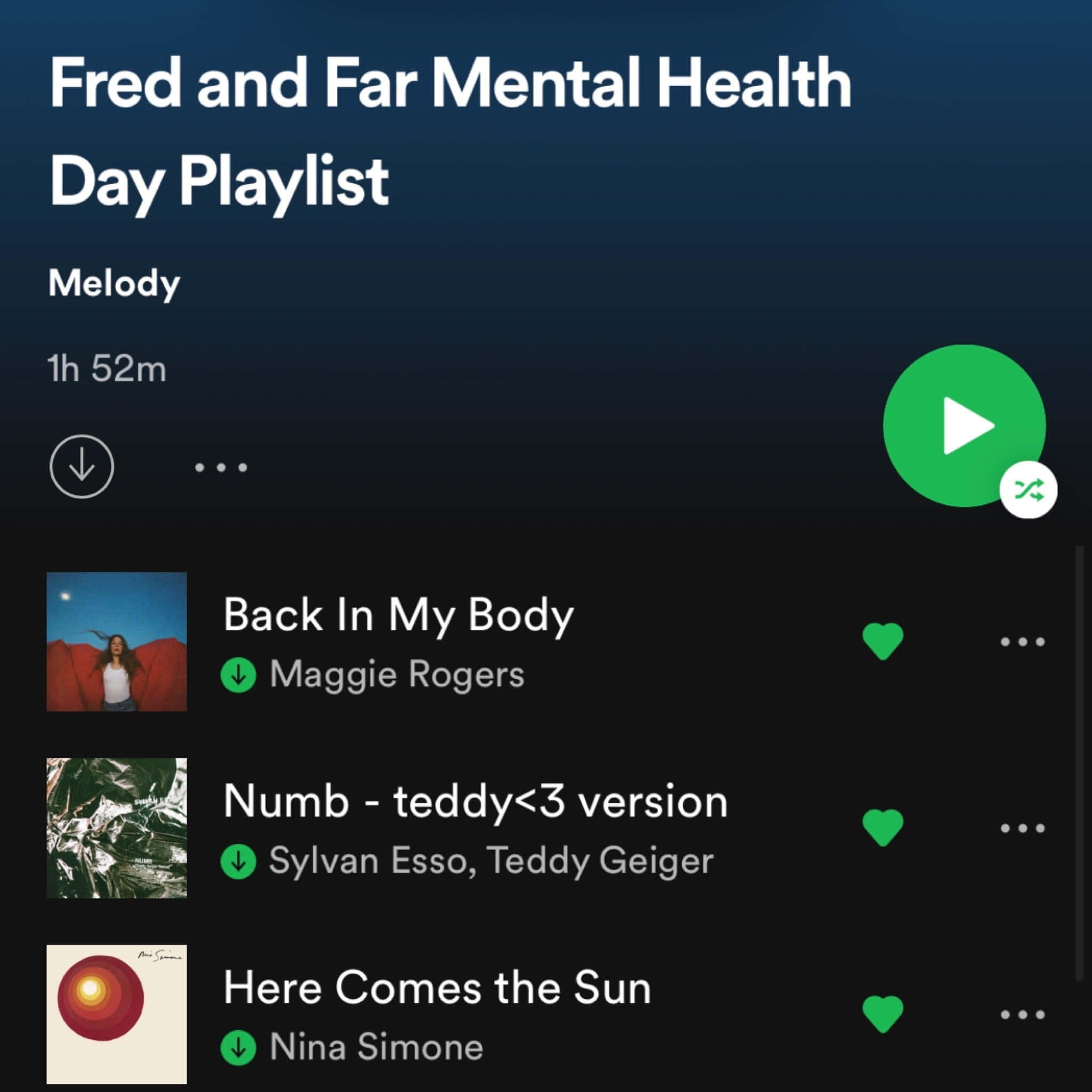 Screenshot 桌布 壁紙 — 一個Spotify播放清單畫面，顯示「Fred and Far Mental Health Day Playlist」，在深色漸層背景上列出三首歌曲。