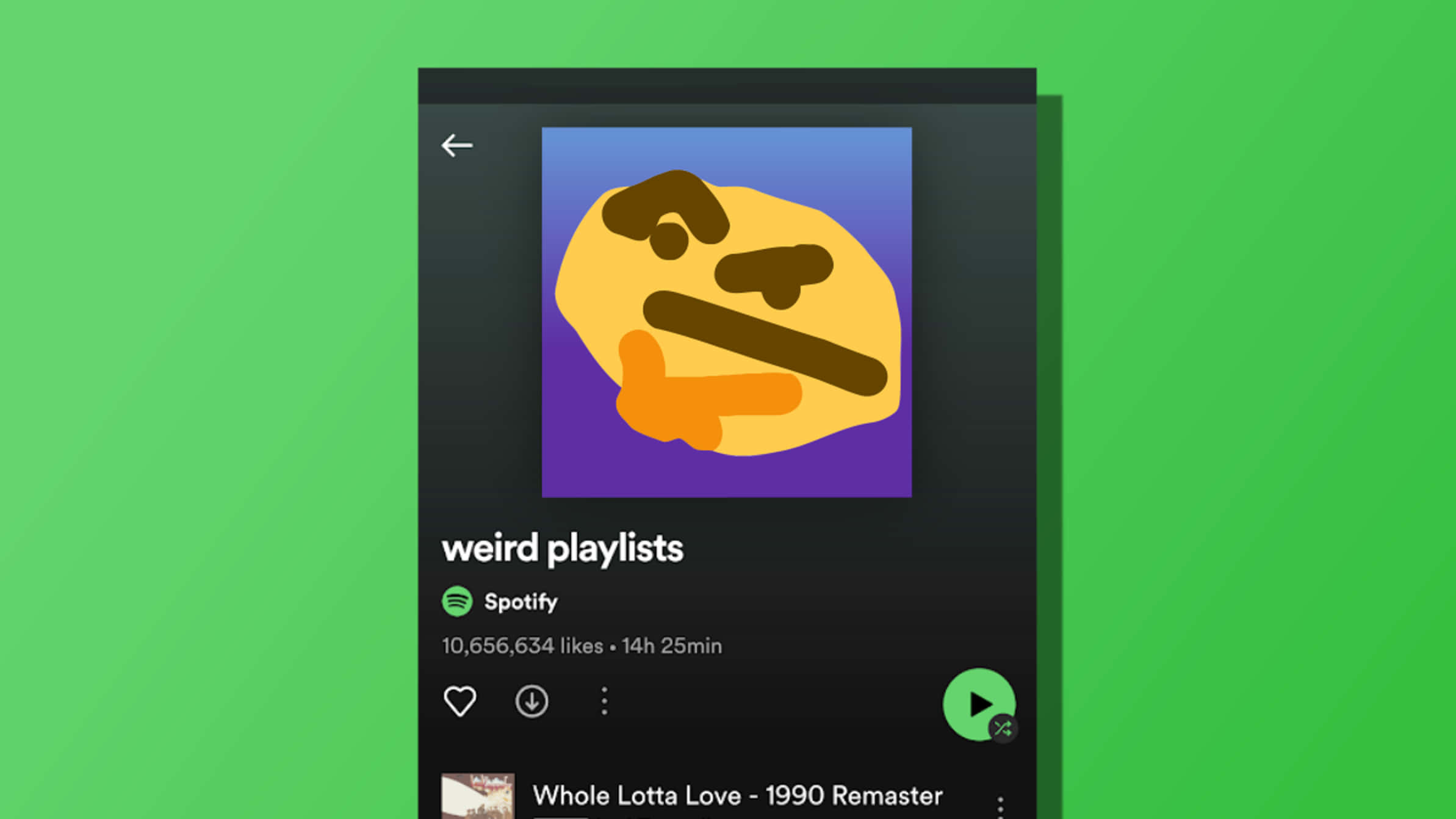 Screenshot 桌布 壁紙 — 一個Spotify播放清單畫面，顯示帶有黃色思考表情符號的「weird playlists」封面，背景為紫色。