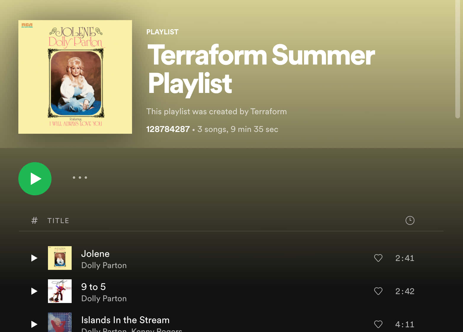 Screenshot 桌布 壁紙 — 一個Spotify播放清單畫面，顯示「Terraform Summer Playlist」，包含Dolly Parton的「Jolene」專輯封面和三首列出的歌曲。