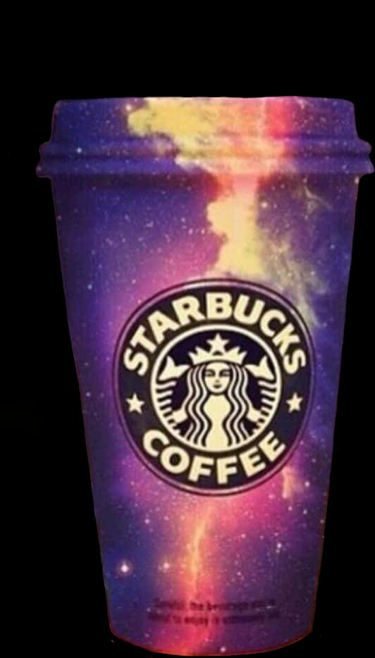 Starbucks Coffee 桌布 壁紙 — 一個Starbucks咖啡杯，帶有充滿活力的銀河圖案，在黑色背景上呈現旋轉的紫色、粉紅色和黃色。