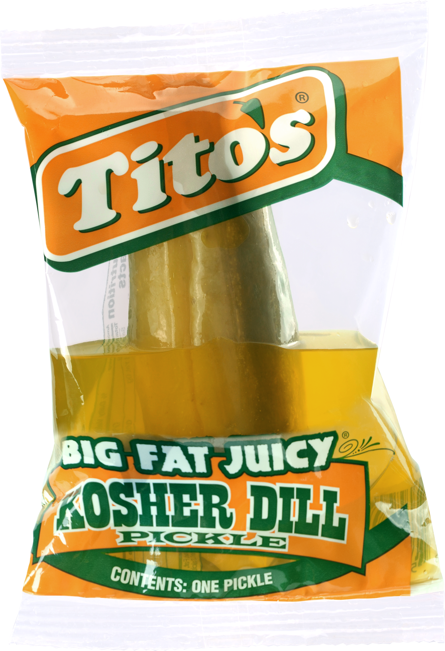 醃黃瓜 桌布 壁紙 — 一個Tito's Big Fat Juicy Kosher Dill酸黃瓜，採用橙色和綠色品牌包裝，背景為黑色。