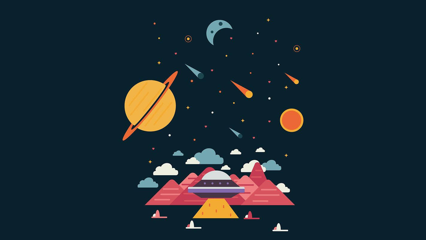 平板電腦 桌布 壁紙 — 一個UFO在粉紅色山脈上空盤旋，下方是星空、行星、彗星和彎月。