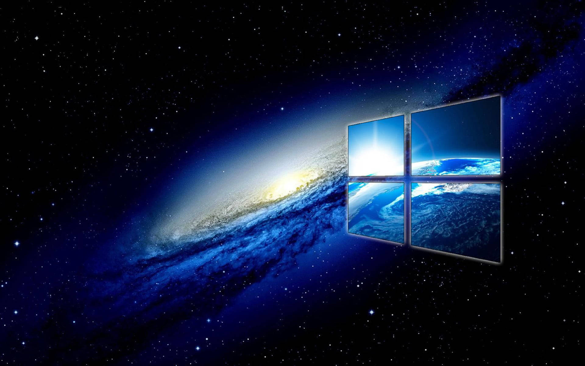 背景 桌布 壁紙 — 一個Windows標誌窗戶框著地球和發光星系，背景是繁星點點的宇宙。