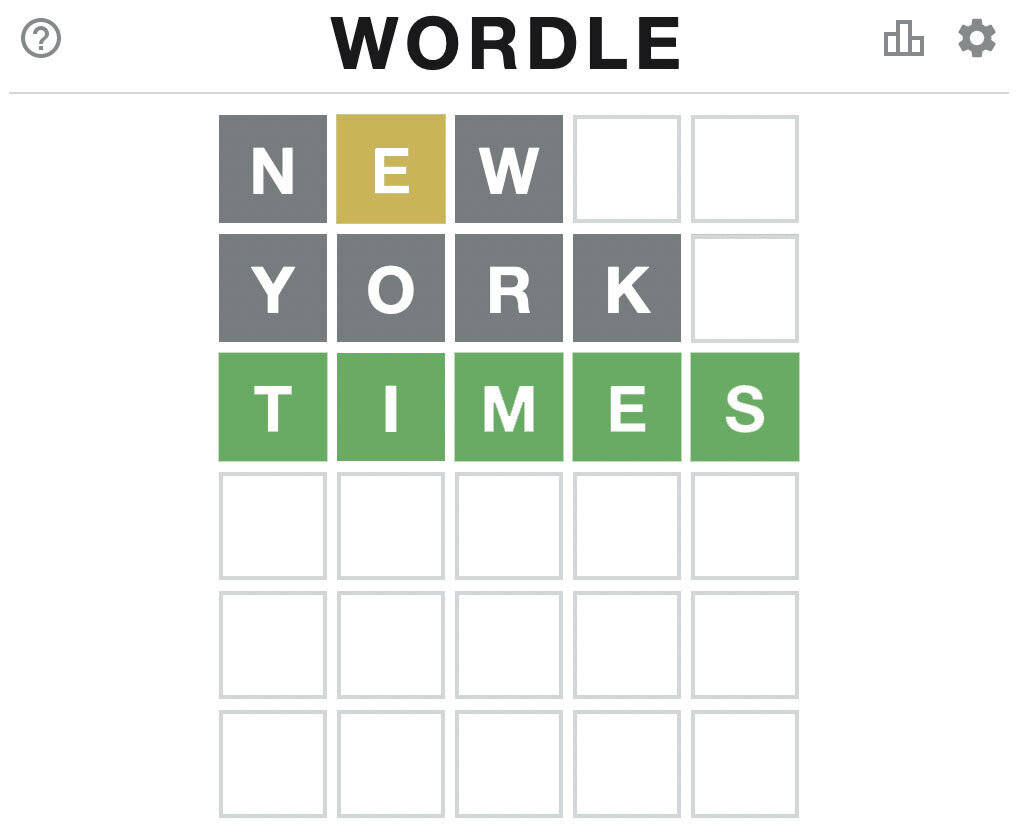 Wordle 桌布 壁紙 — 一個Wordle遊戲介面，顯示'NEW YORK TIMES'，帶有綠色的正確字母和一個黃色的部分正確字母。