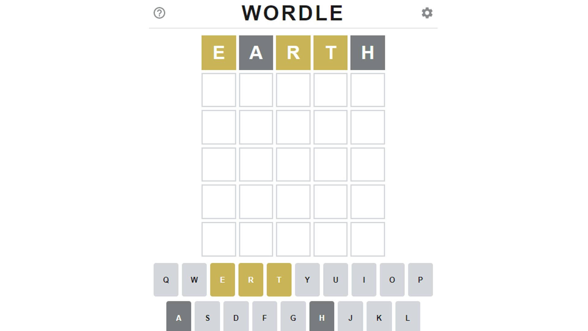 Wordle 桌布 壁紙 — 一個Wordle遊戲介面，顯示單詞EARTH，正確字母以黃色突出顯示在乾淨的白色背景上。