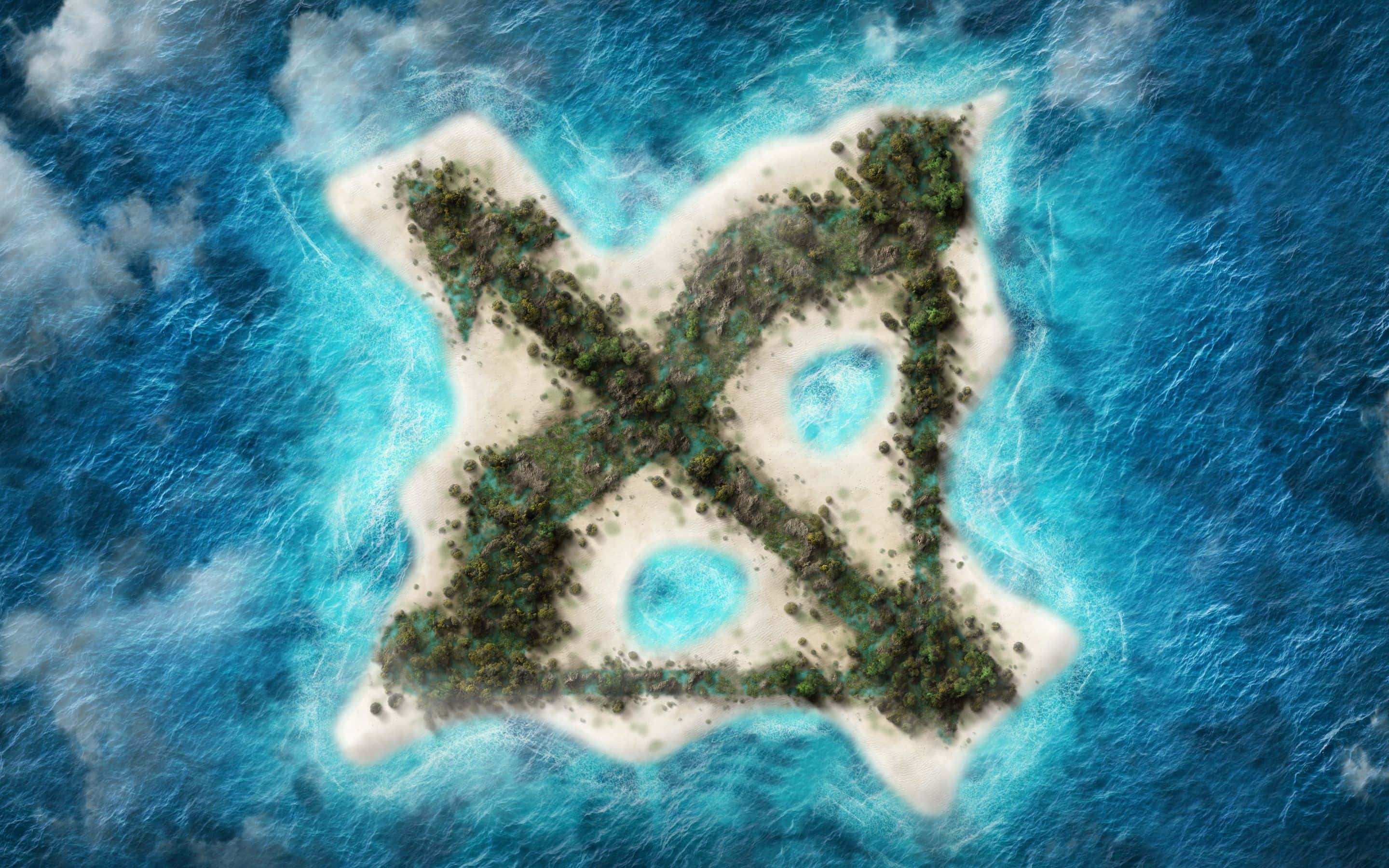sagittarius 桌布 壁紙 — 一個X形狀的熱帶島嶼的空中景觀，擁有藍綠色潟湖和茂密的綠色植物，被深藍色的海洋波浪環繞。