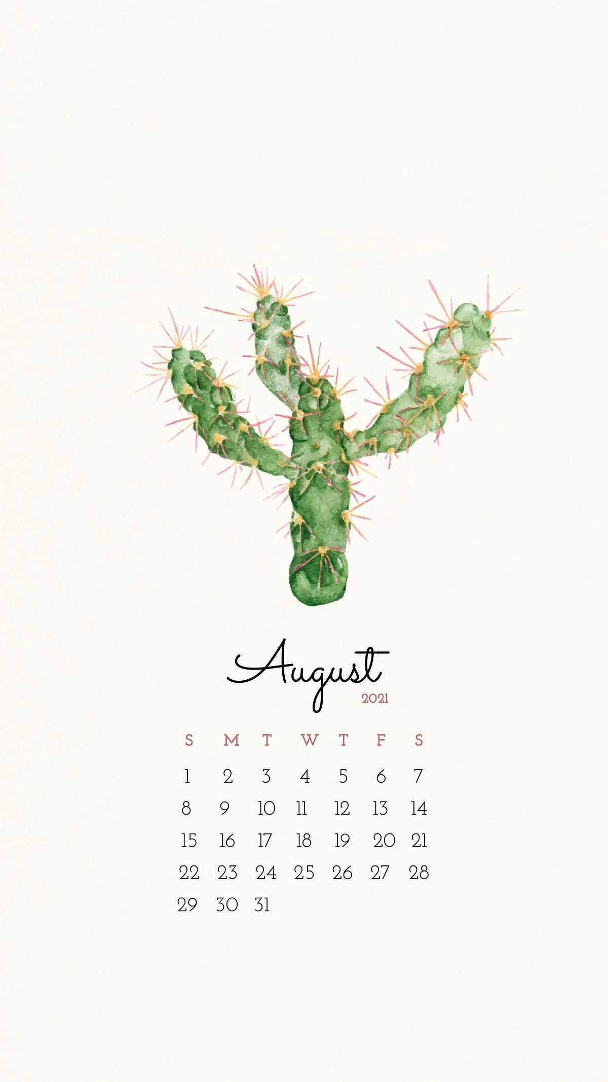 Cactus 桌布 壁紙 — 一個Y形的粉紅色刺水彩仙人掌，位於2021年8月的日曆上方，背景為奶油色。
