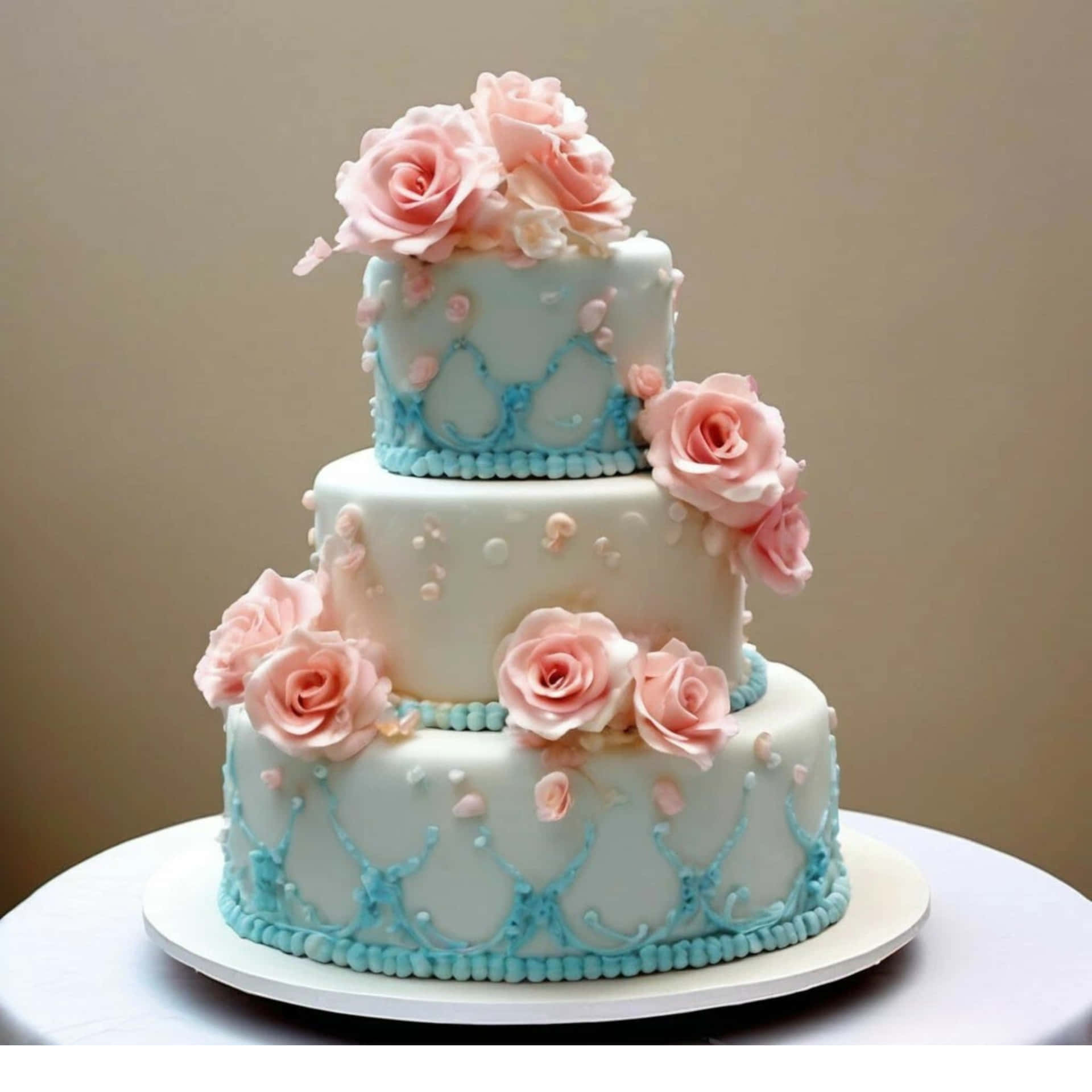 Tiered wedding cake with decorated with light pink marzipan roses and blue pattern. 壁紙 — 一個三層婚禮蛋糕，白色翻糖，淺藍色蕾絲花邊，和新鮮粉紅玫瑰在白色架子上。