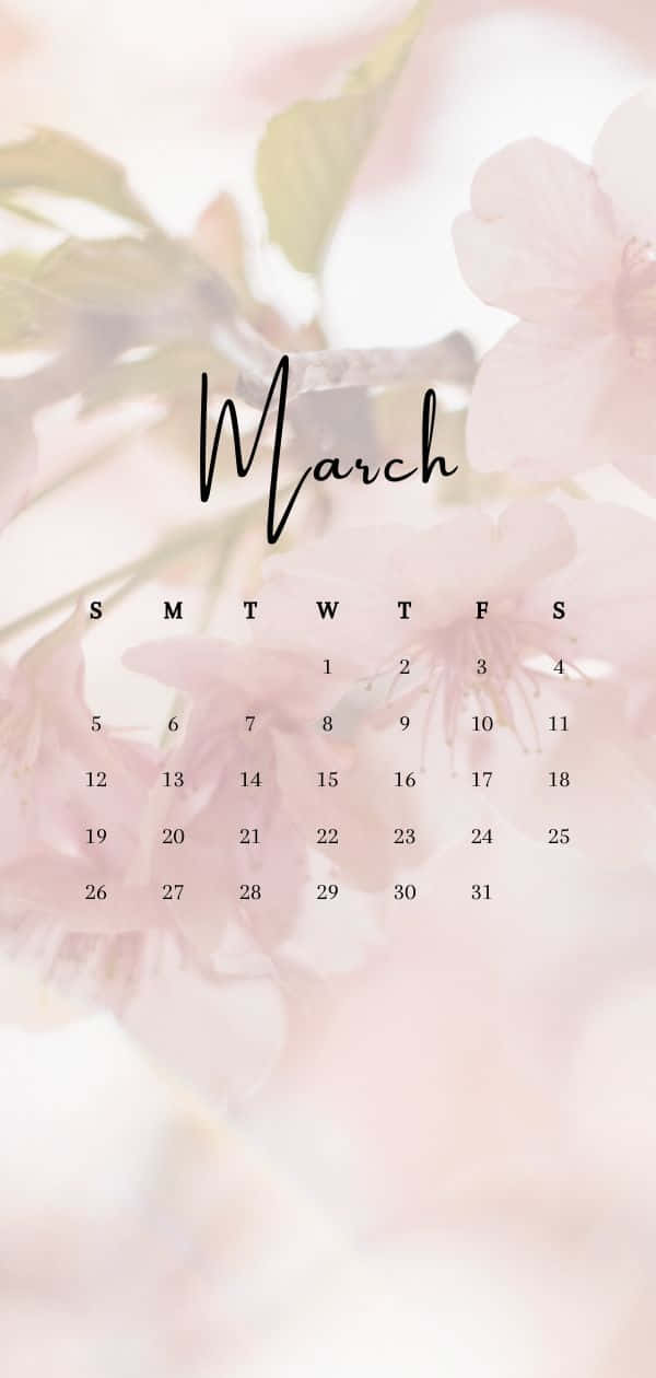 March 桌布 壁紙 — 一個三月日曆疊加在柔和的粉紅色櫻花背景上，帶有模糊的花瓣和綠葉。