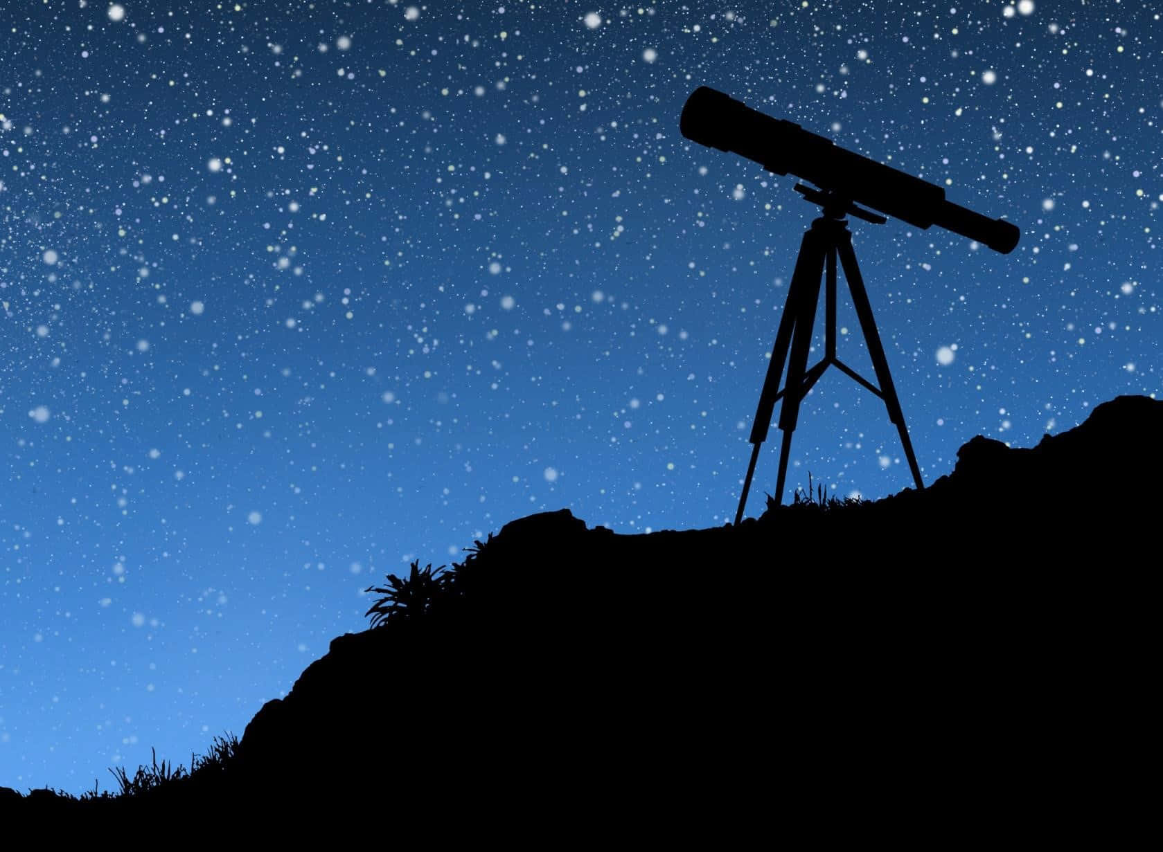 Silhouette 桌布 壁紙 — 一個三腳架上的望遠鏡，在黑暗山頂上以星空夜空為背景形成剪影。