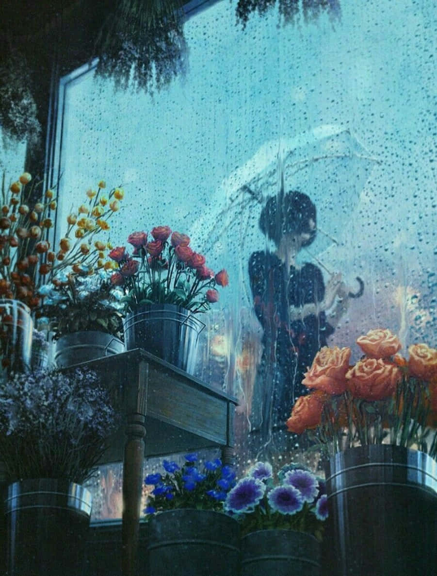 Raining 桌布 壁紙 — 一個下雨天的場景，店內水桶裡擺放著鮮豔的花朵，而透過佈滿水痕的窗戶可以看到一個人撐著雨傘的剪影。