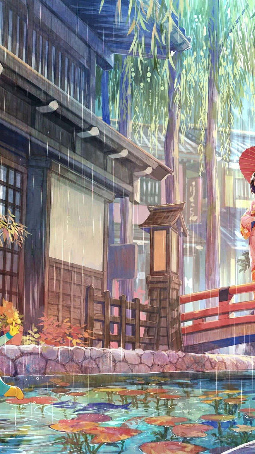 動畫 桌布 壁紙 — 一個下雨的日本街景，紅橋橫跨睡蓮池塘，一位穿著和服的女孩撐著傘。