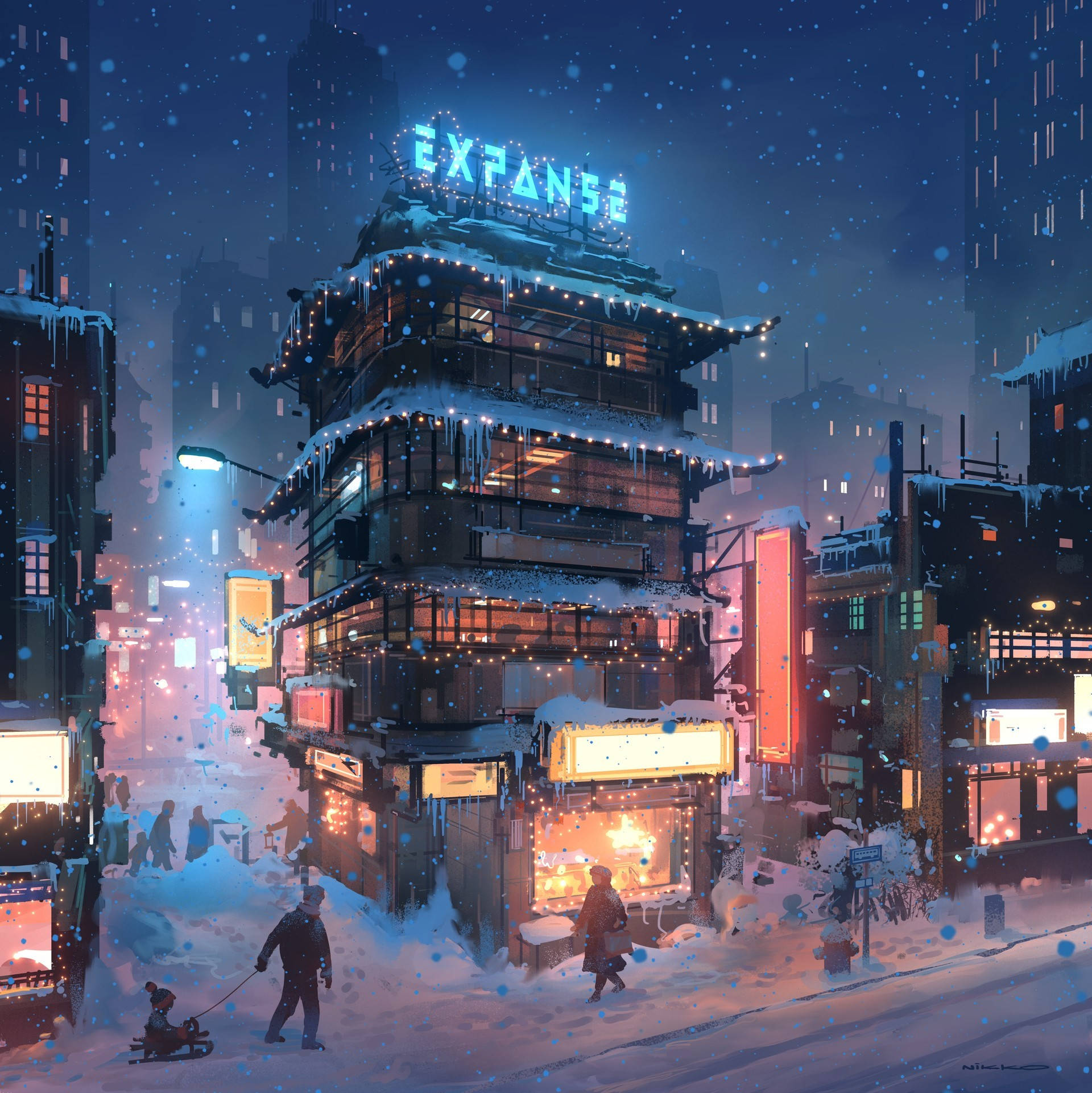 Snowy Christmas 桌布 壁紙 — 一個下雪的夜晚，在一個賽博龐克城市中，一個發光的霓虹招牌寫著「EXPANSE」，矗立在一棟有冰柱和溫暖燈光的傳統風格建築頂部。